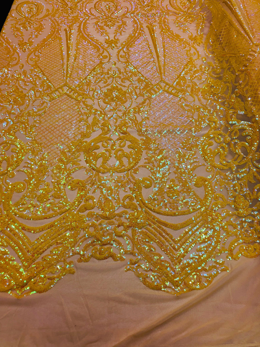4 Way Stretch - Yellow - Damask Fish Net Design Sequins Fashion Dress Fabric Mesh Sold By The Yard