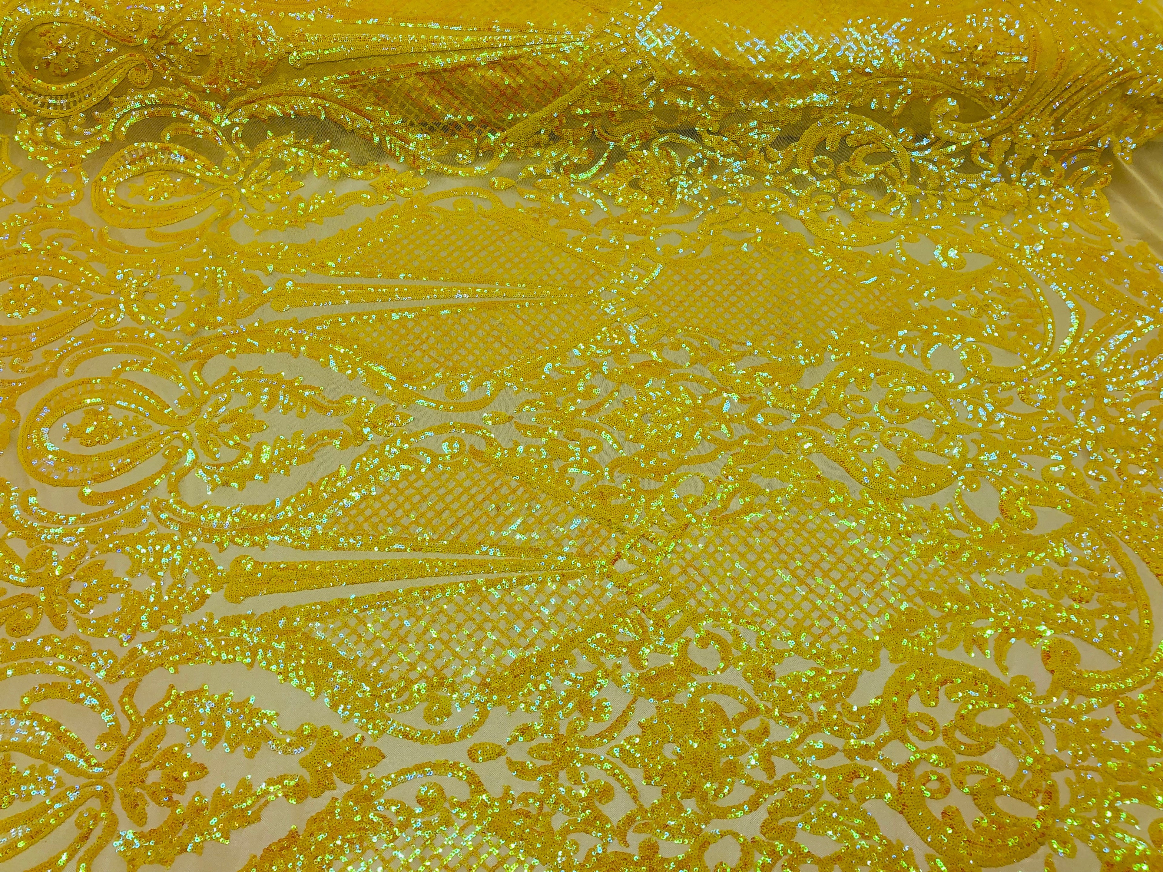 4 Way Stretch - Yellow - Damask Fish Net Design Sequins Fashion Dress Fabric Mesh Sold By The Yard