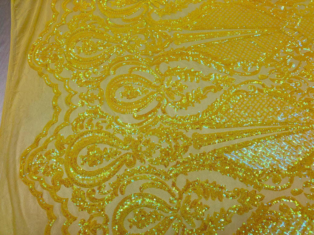 4 Way Stretch - Yellow - Damask Fish Net Design Sequins Fashion Dress Fabric Mesh Sold By The Yard