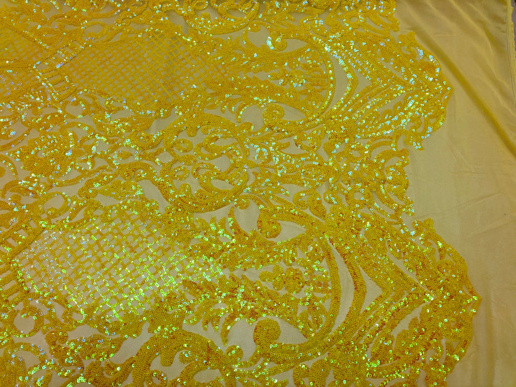 4 Way Stretch - Yellow - Damask Fish Net Design Sequins Fashion Dress Fabric Mesh Sold By The Yard