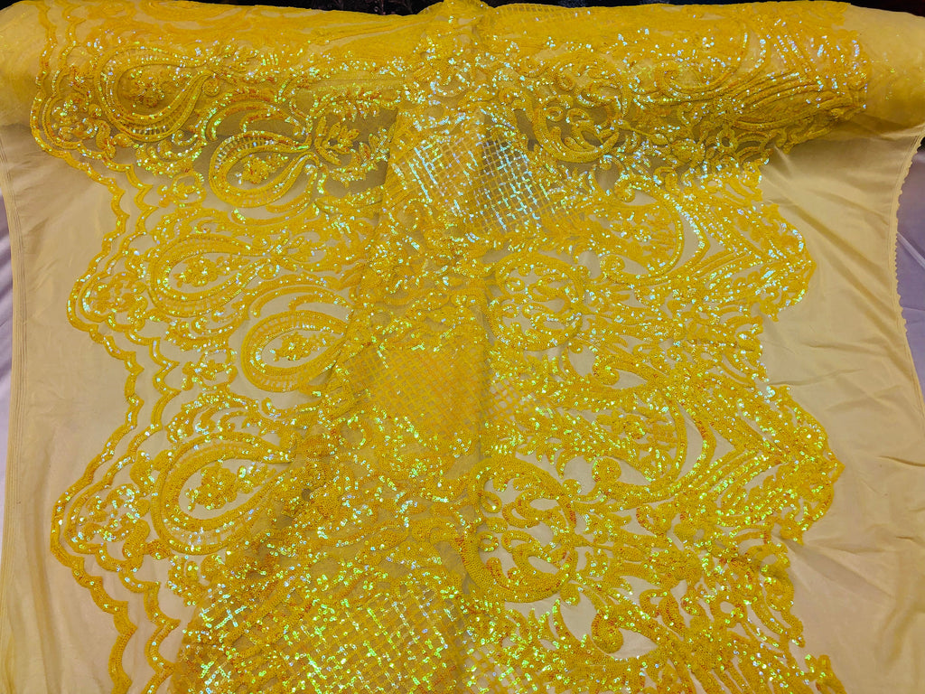 4 Way Stretch - Yellow - Damask Fish Net Design Sequins Fashion Dress Fabric Mesh Sold By The Yard