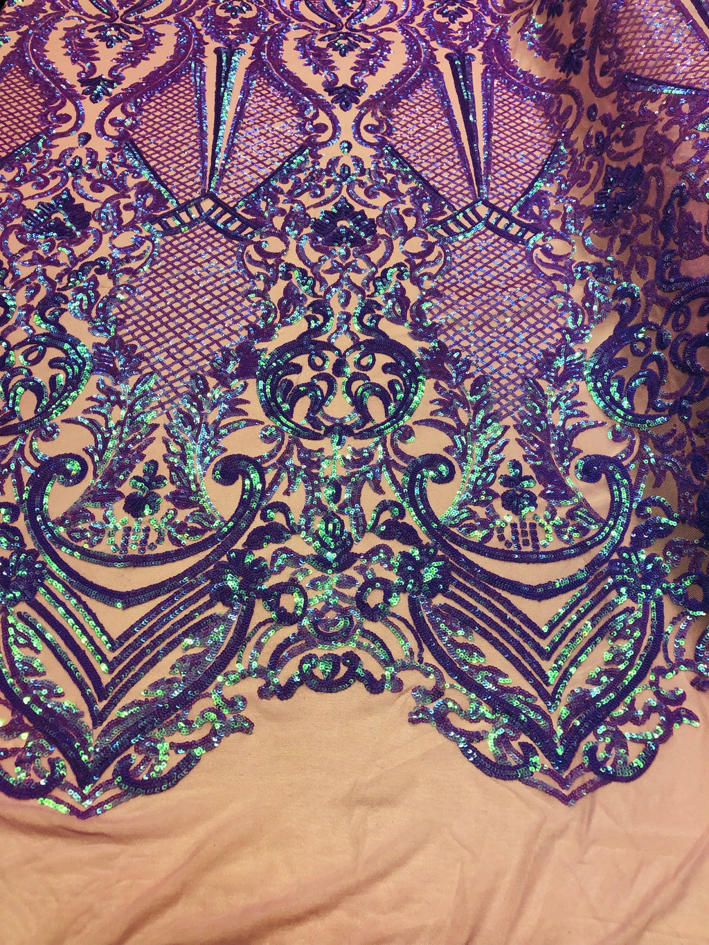 4 Way Stretch Iridescent Lilac Damask Fish Net Design Sequins Fashion Dress Fabric Mesh By The Yard