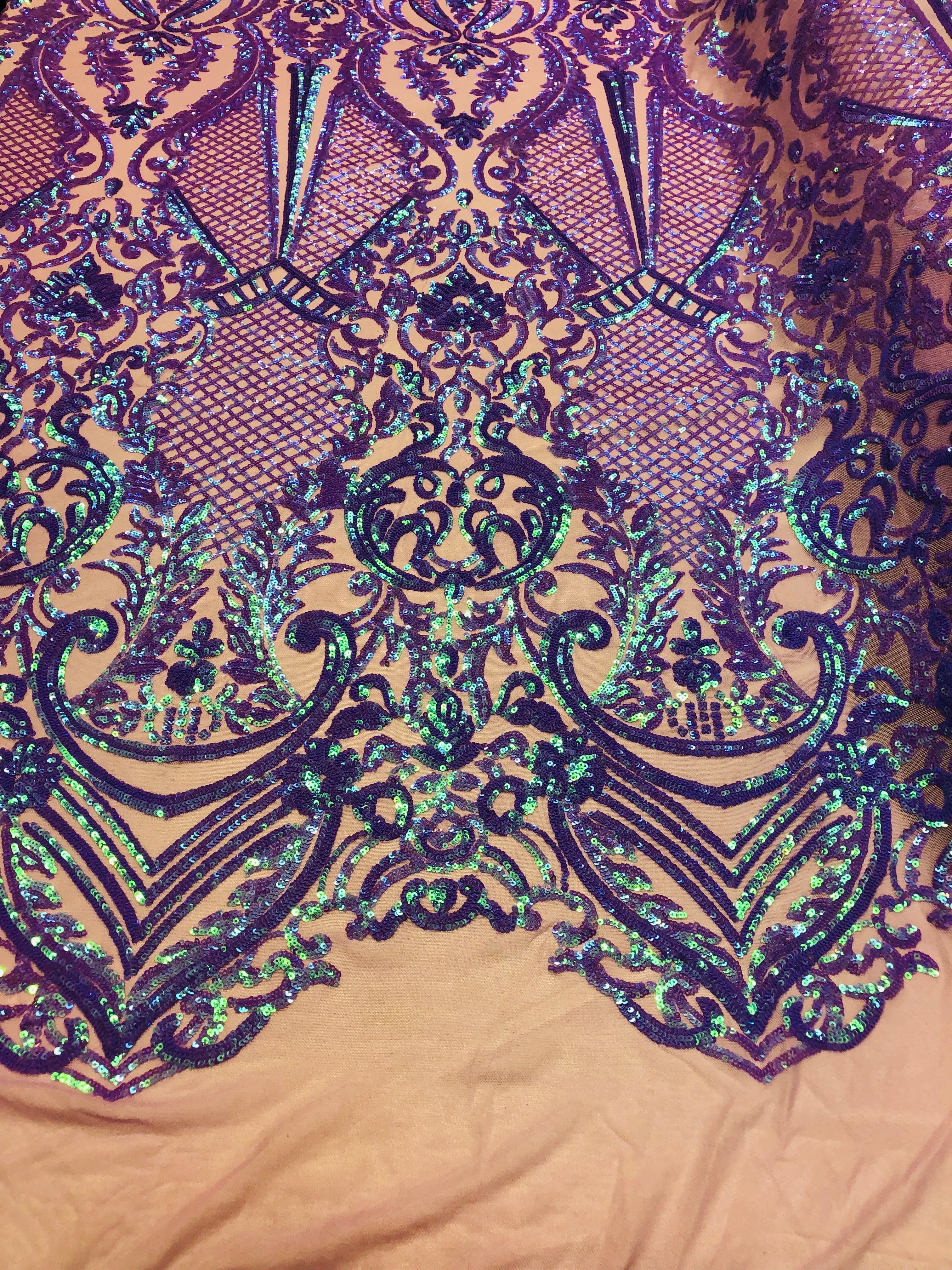 4 Way Stretch Iridescent Lilac Damask Fish Net Design Sequins Fashion Dress Fabric Mesh By The Yard