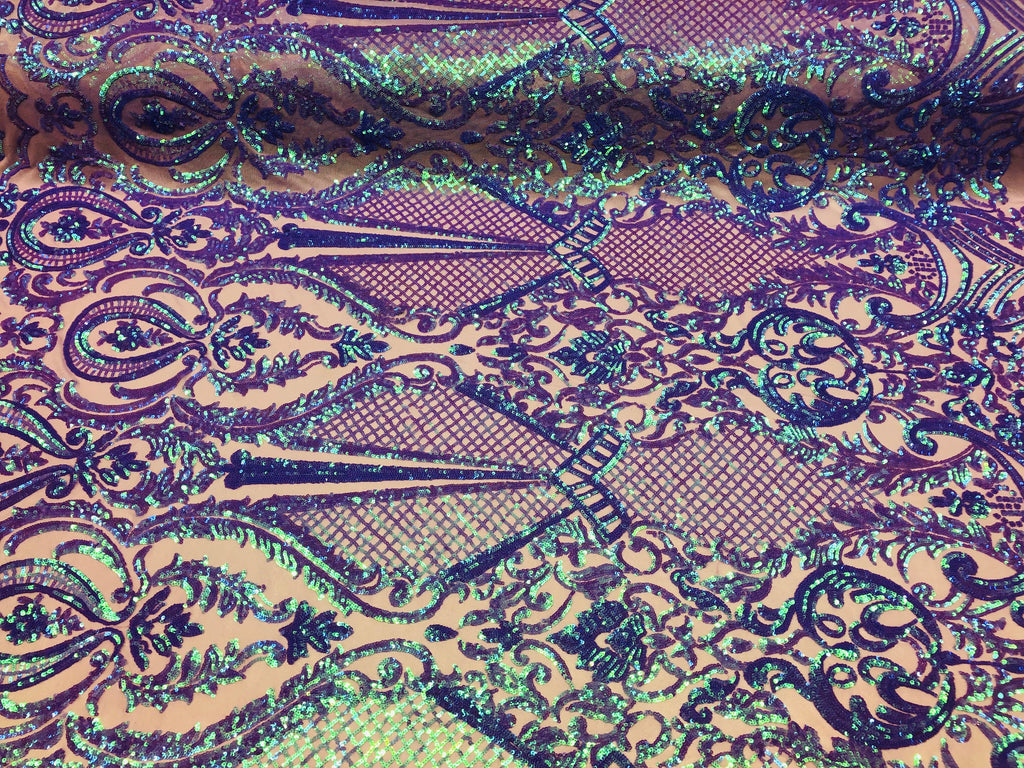 4 Way Stretch Iridescent Lilac Damask Fish Net Design Sequins Fashion Dress Fabric Mesh By The Yard