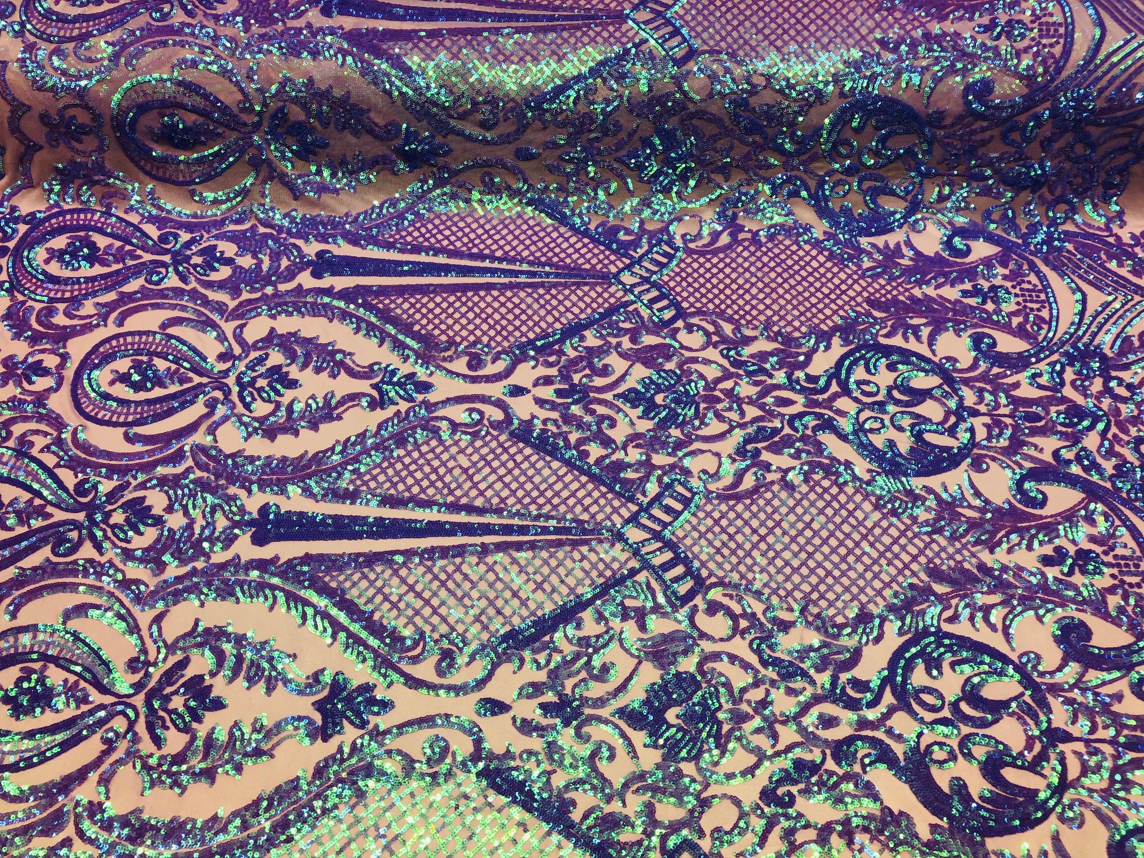 4 Way Stretch Iridescent Lilac Damask Fish Net Design Sequins Fashion Dress Fabric Mesh By The Yard