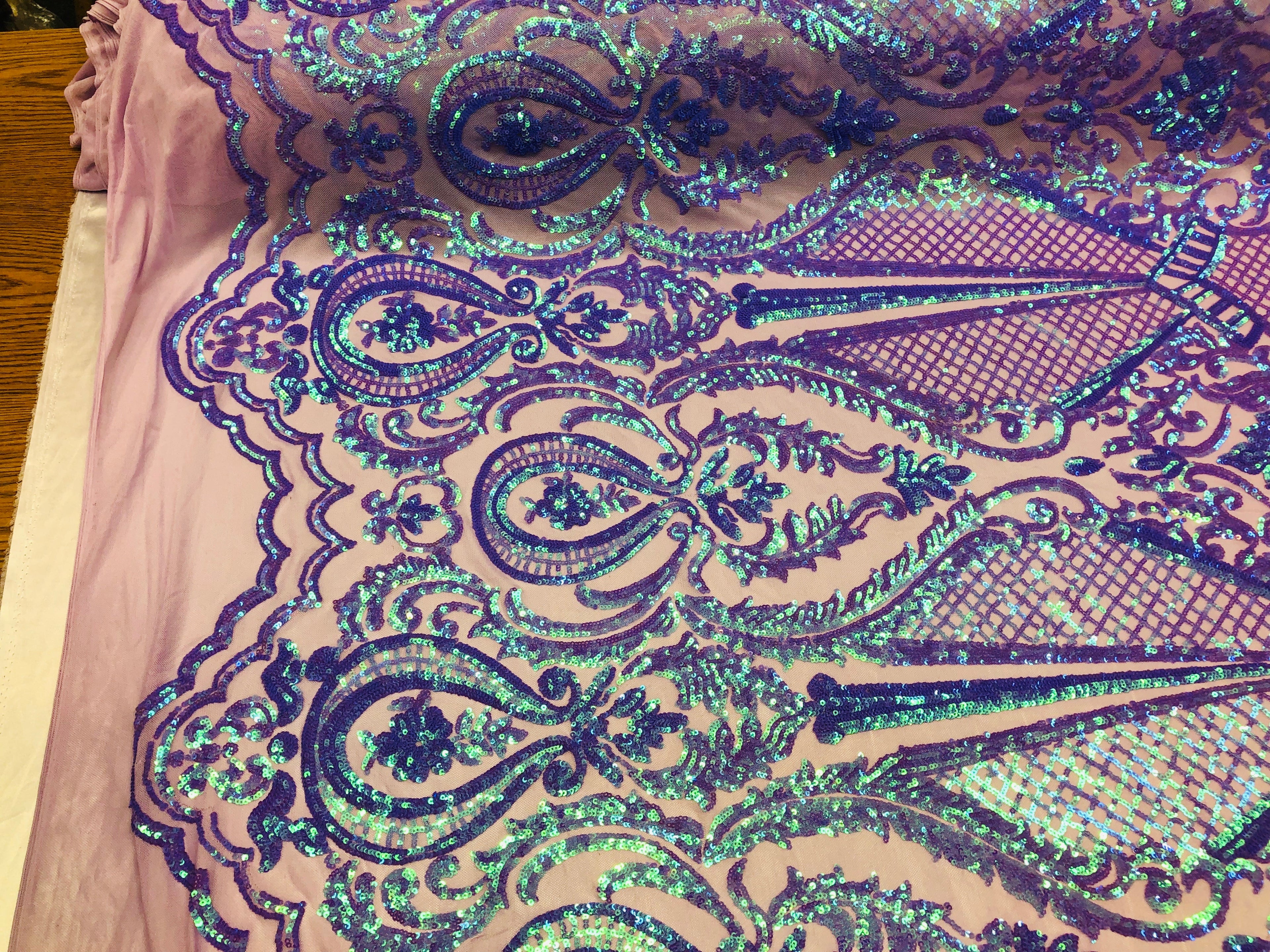 4 Way Stretch Iridescent Lilac Damask Fish Net Design Sequins Fashion Dress Fabric Mesh By The Yard