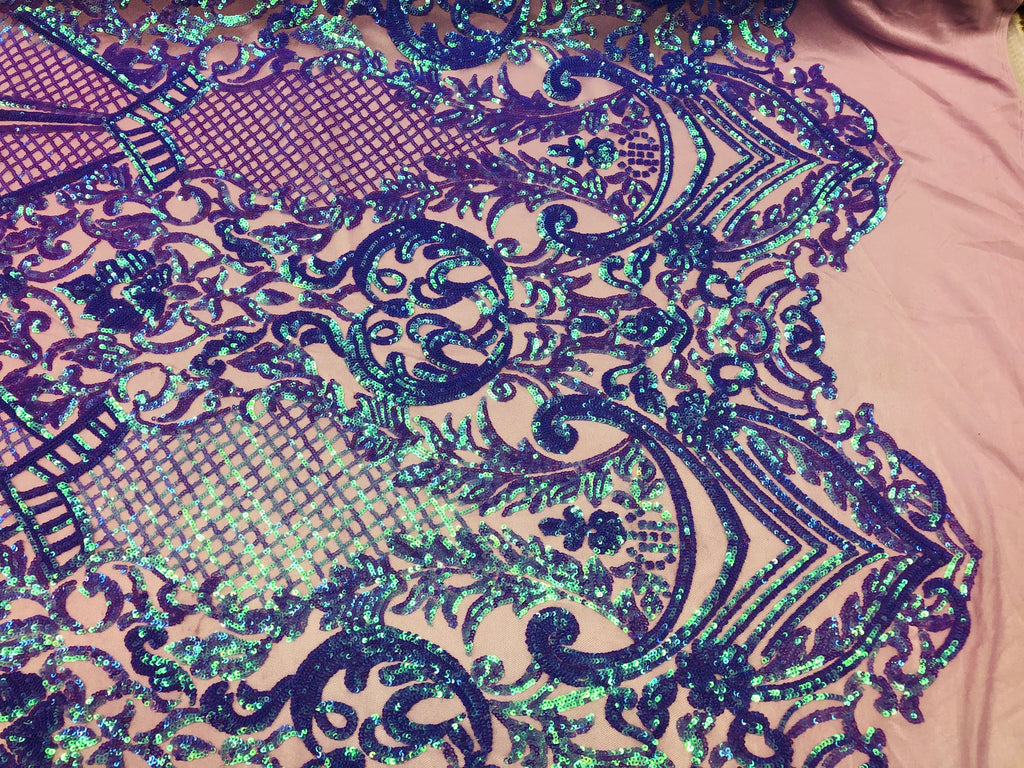4 Way Stretch Iridescent Lilac Damask Fish Net Design Sequins Fashion Dress Fabric Mesh By The Yard