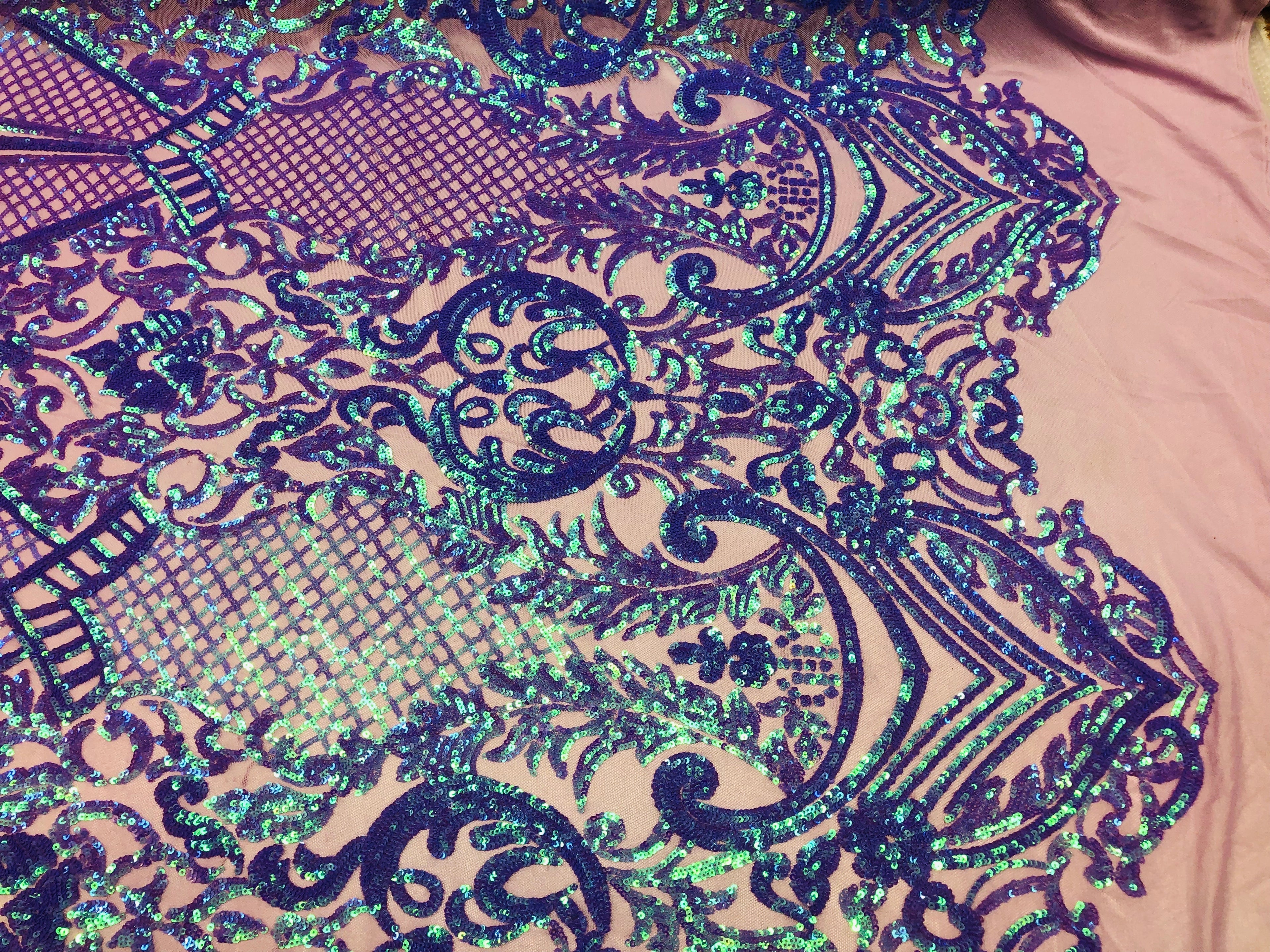 4 Way Stretch Iridescent Lilac Damask Fish Net Design Sequins Fashion Dress Fabric Mesh By The Yard