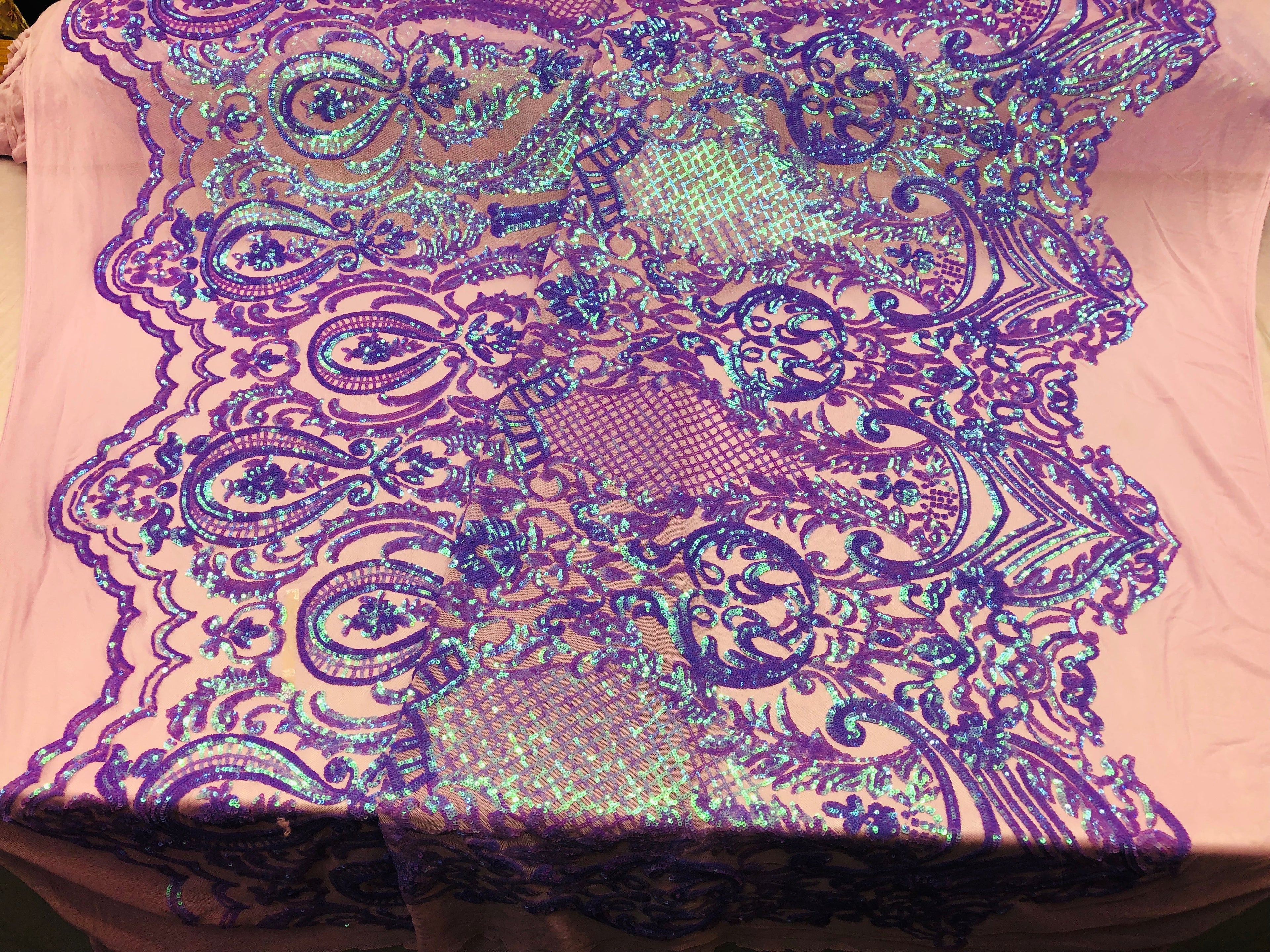 4 Way Stretch Iridescent Lilac Damask Fish Net Design Sequins Fashion Dress Fabric Mesh By The Yard