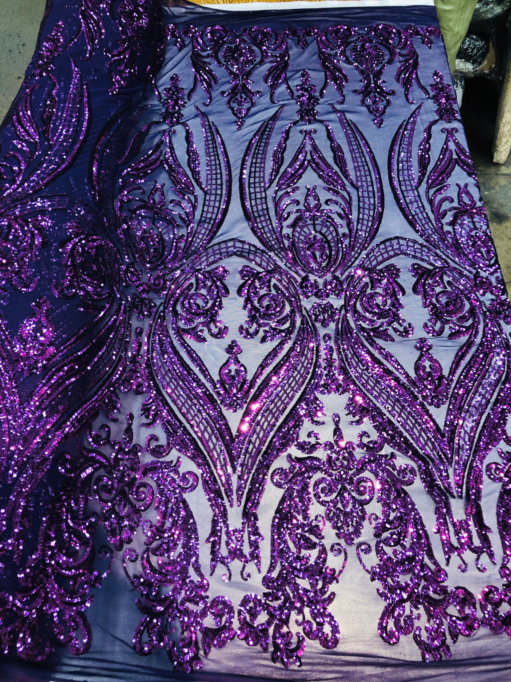 Big Damask Sequins Fabric - Purple - 4 Way Stretch Damask Sequins Design Fabric By Yard