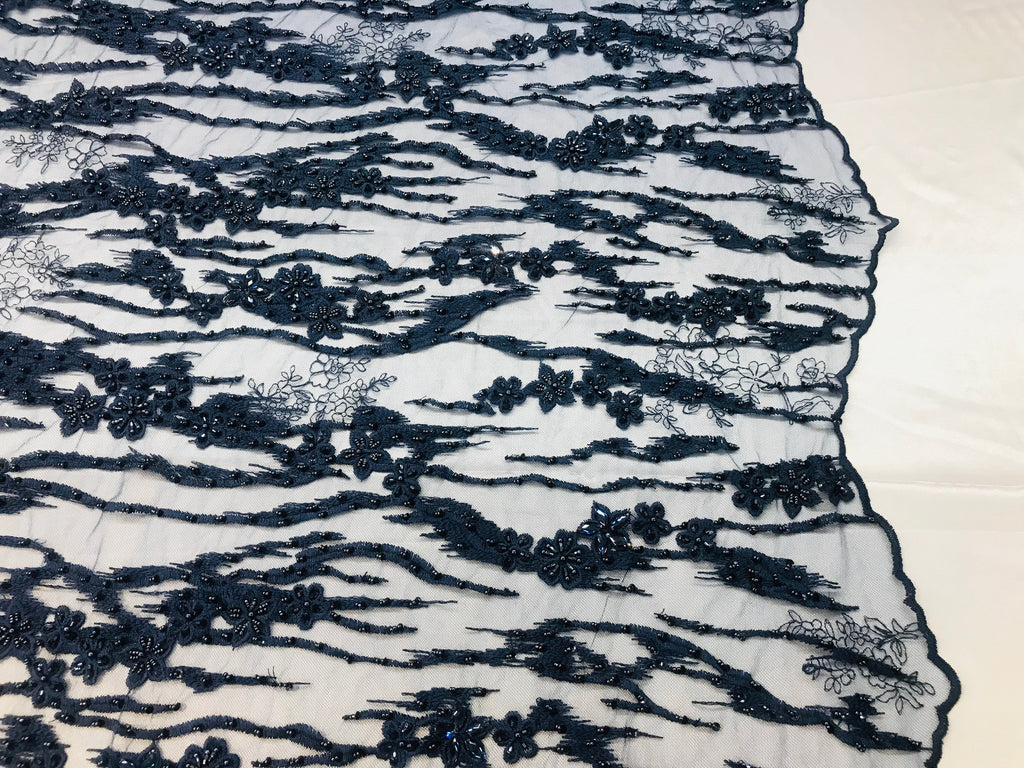 Beaded Fabric - Navy - Embroidered Flower Line Mesh Lace Fabric with Beads Sold By The Yard