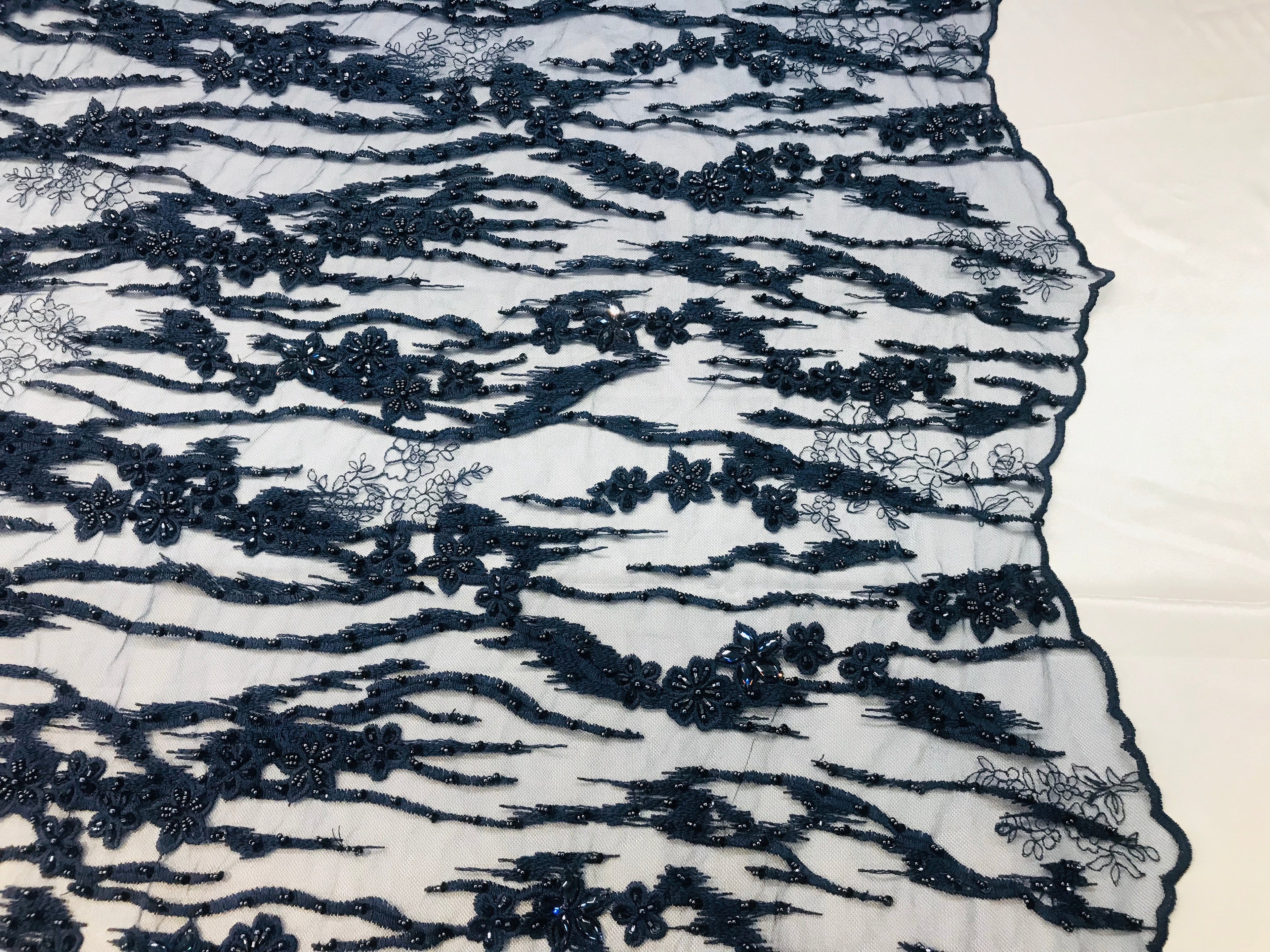 Beaded Fabric - Navy - Embroidered Flower Line Mesh Lace Fabric with Beads Sold By The Yard