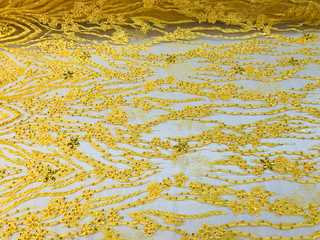 Beaded Fabric - Yellow - Embroidered Flower Line Mesh Lace Fabric with Beads Sold By The Yard