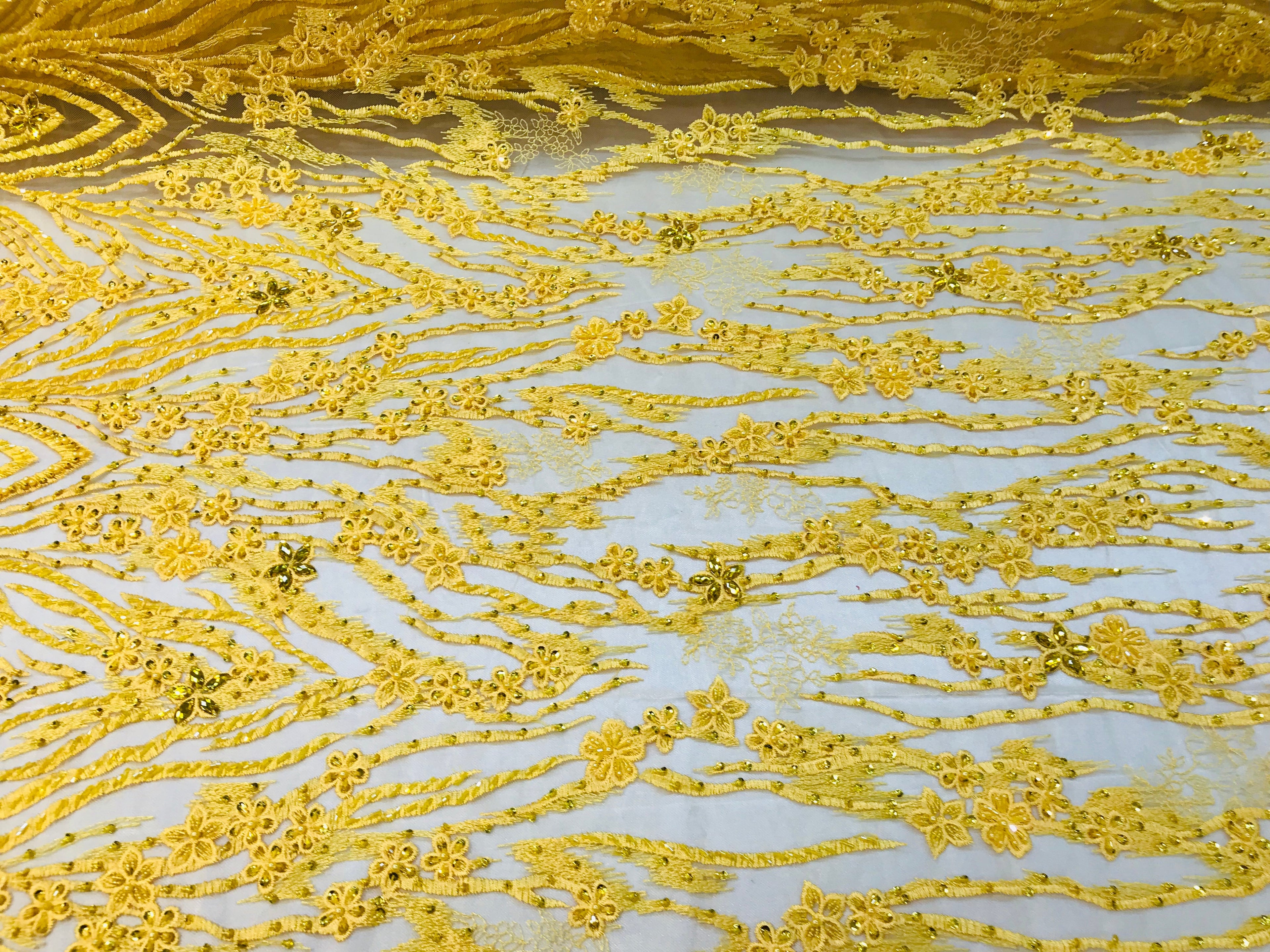 Beaded Fabric - Yellow - Embroidered Flower Line Mesh Lace Fabric with Beads Sold By The Yard