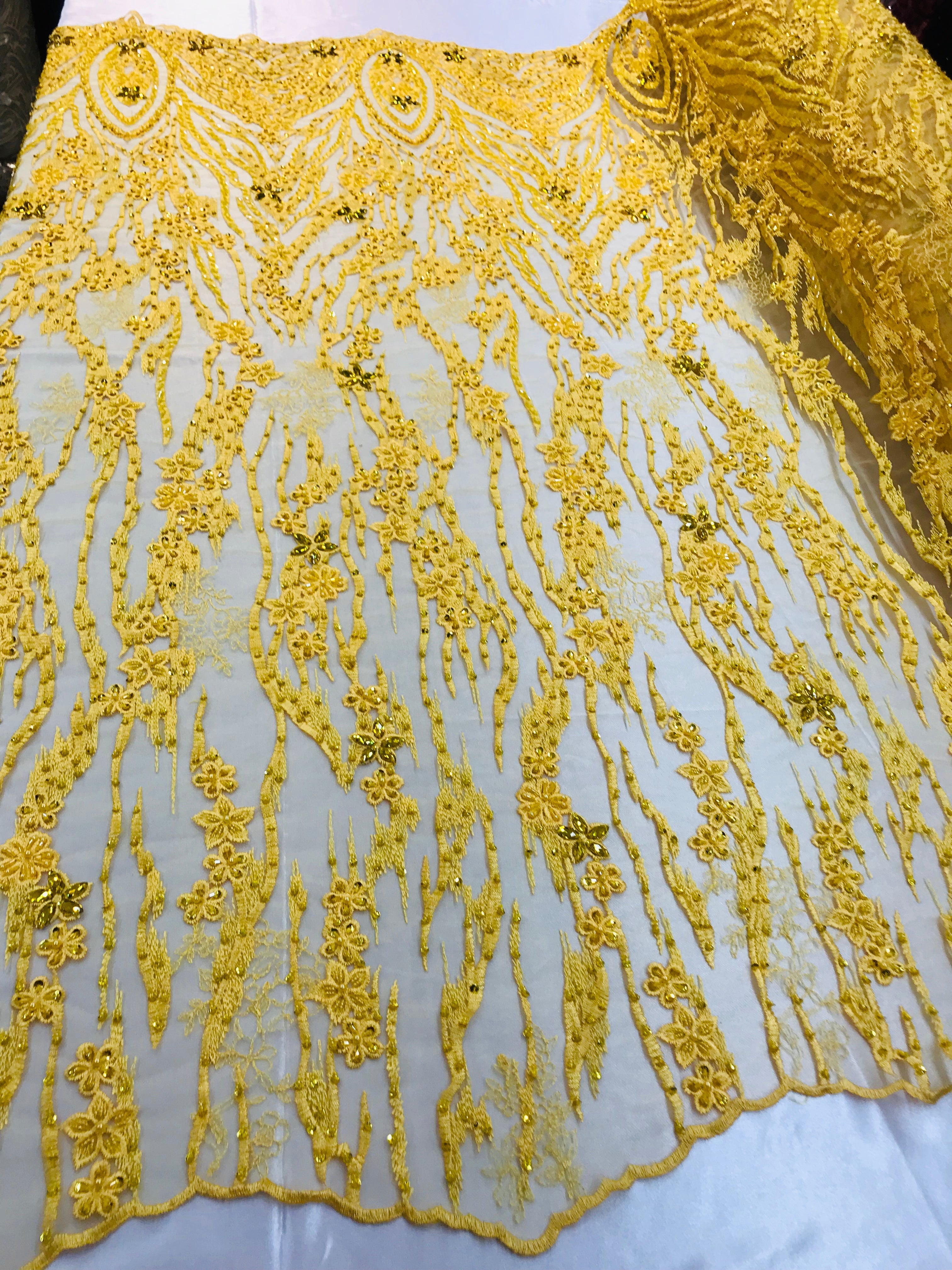 Beaded Fabric - Yellow - Embroidered Flower Line Mesh Lace Fabric with Beads Sold By The Yard