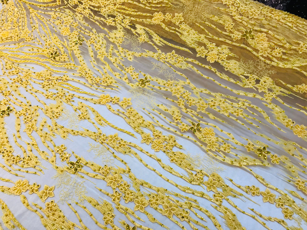 Beaded Fabric - Yellow - Embroidered Flower Line Mesh Lace Fabric with Beads Sold By The Yard