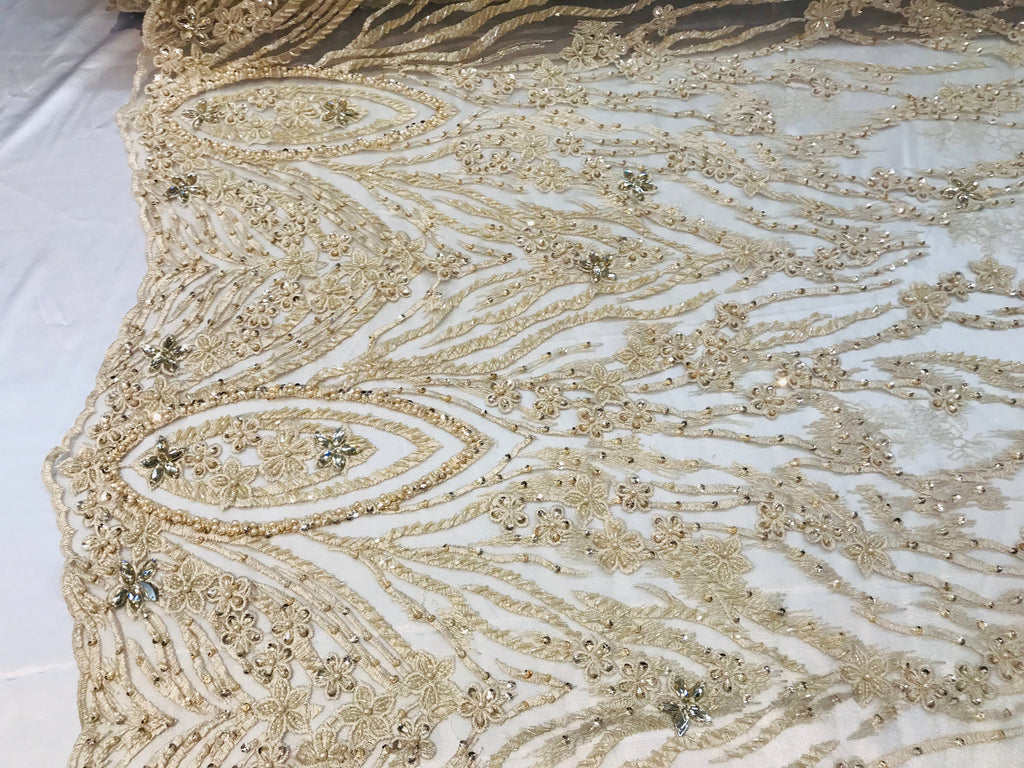 Beaded Fabric - Champagne - Embroidered Flower Line Mesh Lace Fabric with Beads Sold By The Yard