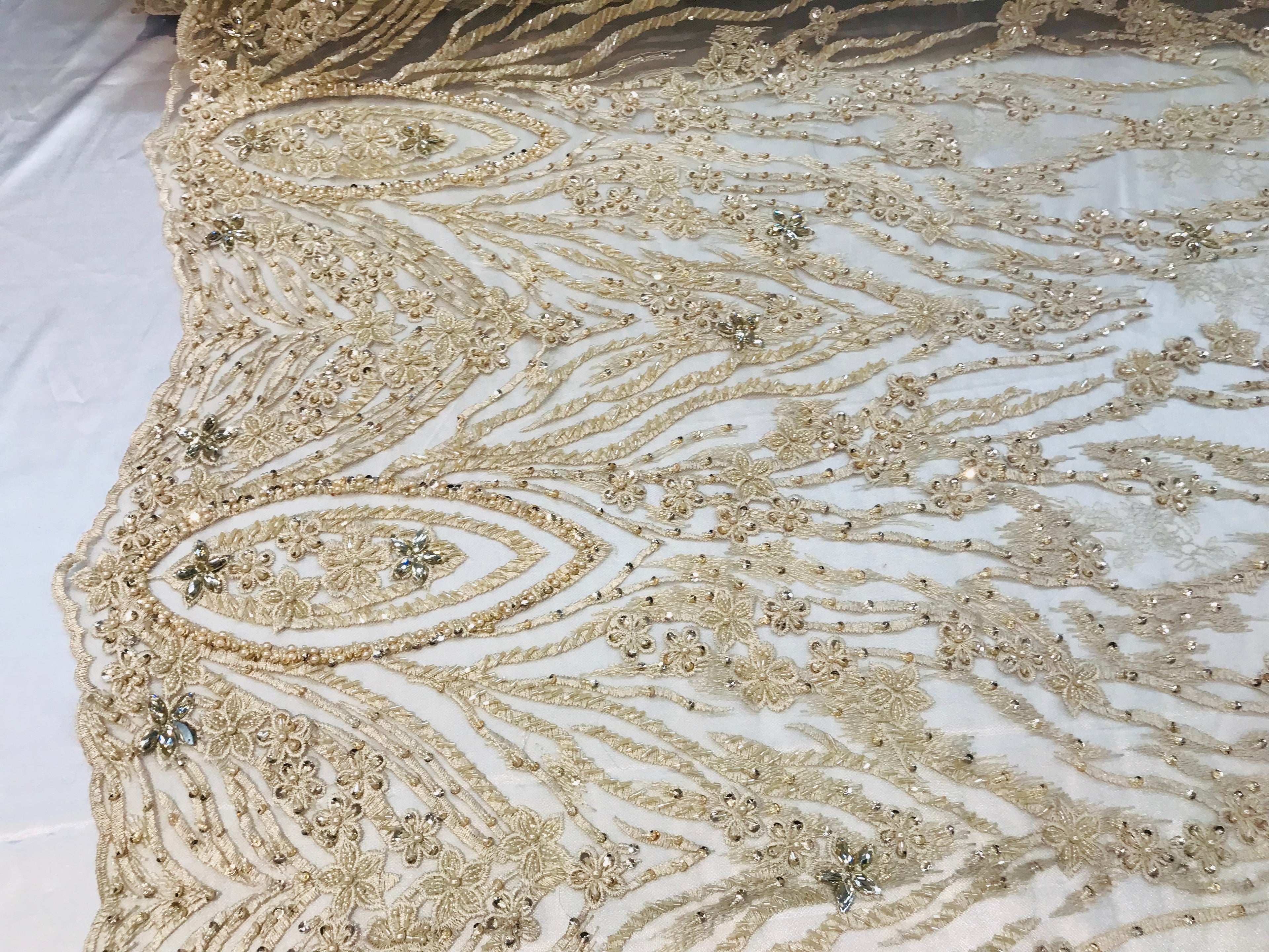 Beaded Fabric - Champagne - Embroidered Flower Line Mesh Lace Fabric with Beads Sold By The Yard