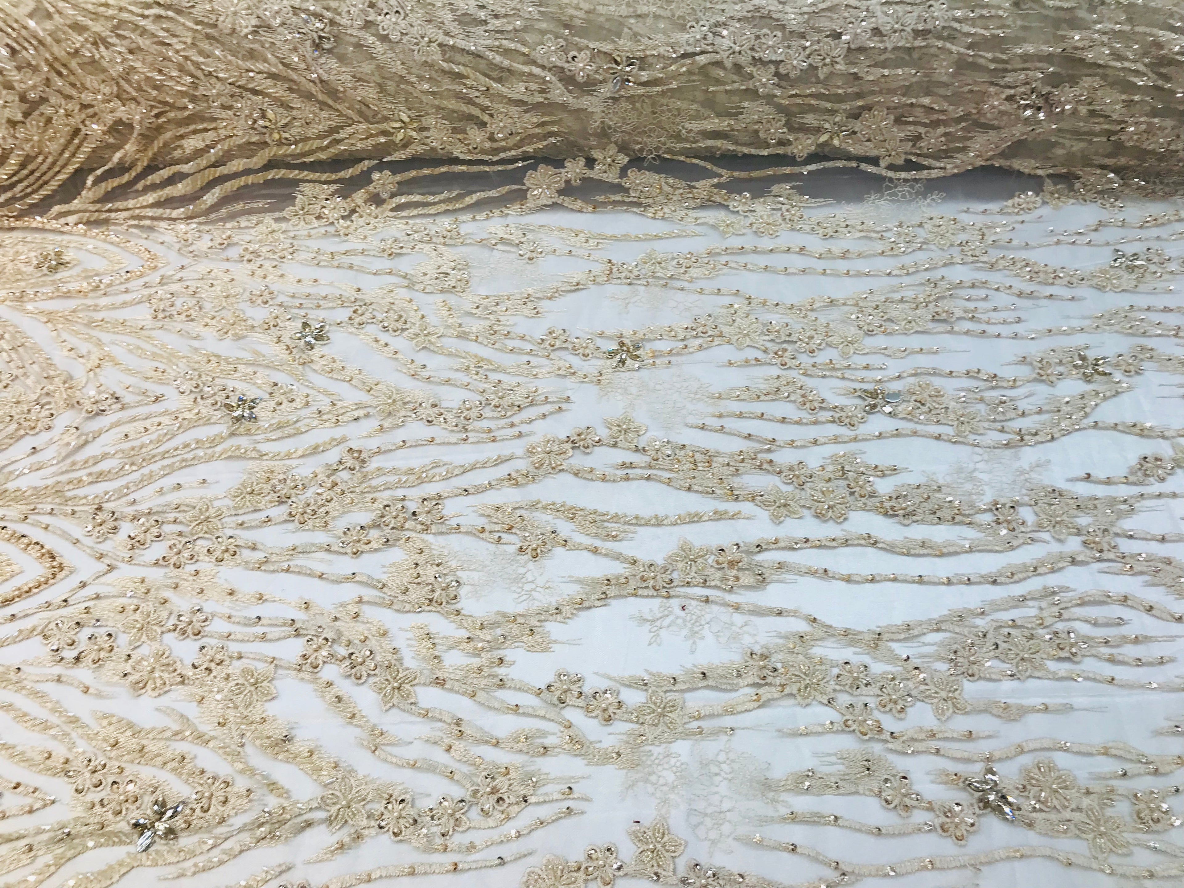 Beaded Fabric - Champagne - Embroidered Flower Line Mesh Lace Fabric with Beads Sold By The Yard
