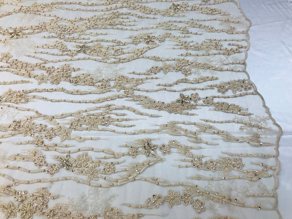 Beaded Fabric - Champagne - Embroidered Flower Line Mesh Lace Fabric with Beads Sold By The Yard
