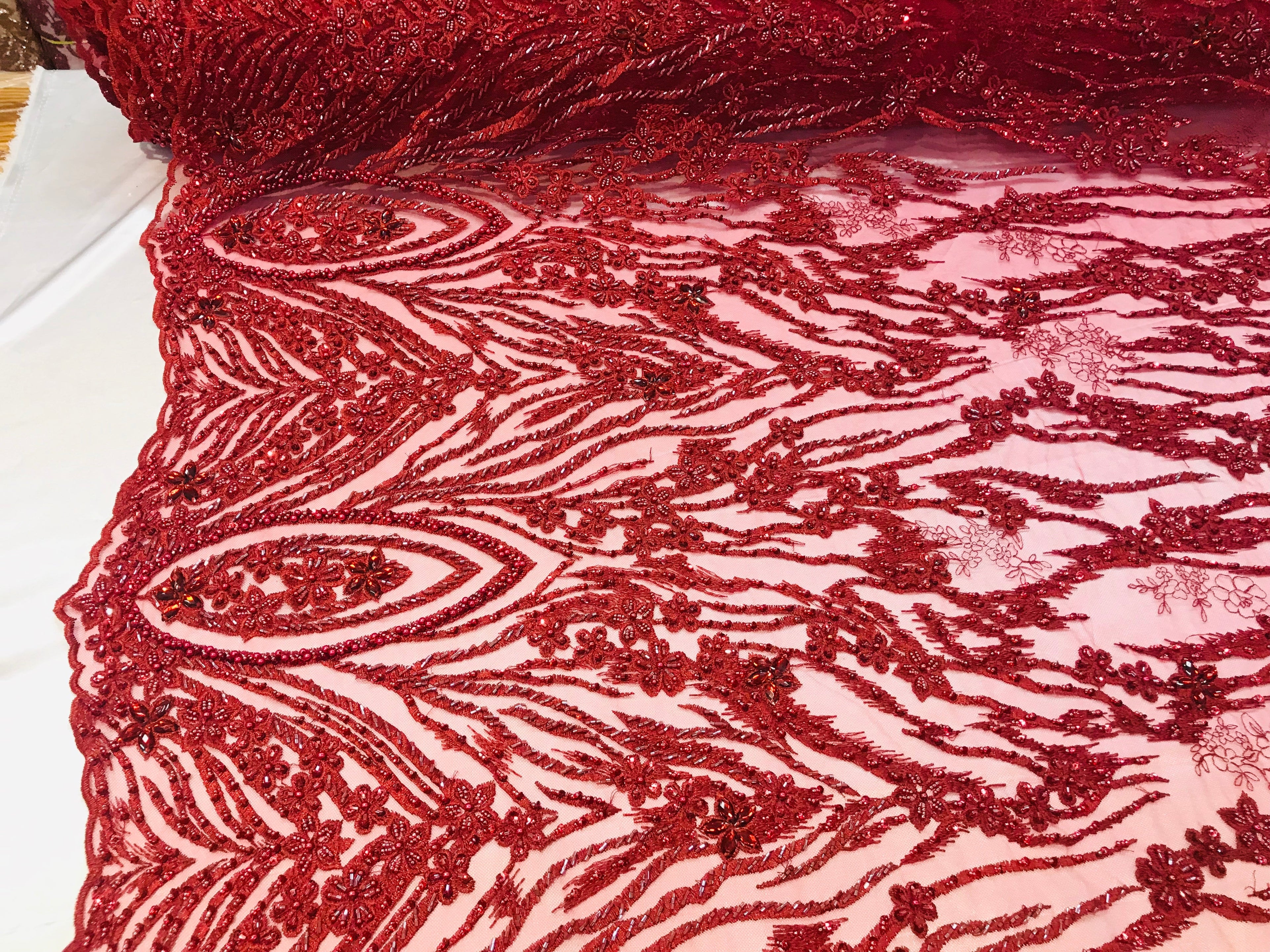 Beaded Fabric - Burgundy - Embroidered Flower Line Mesh Lace Fabric with Beads Sold By The Yard