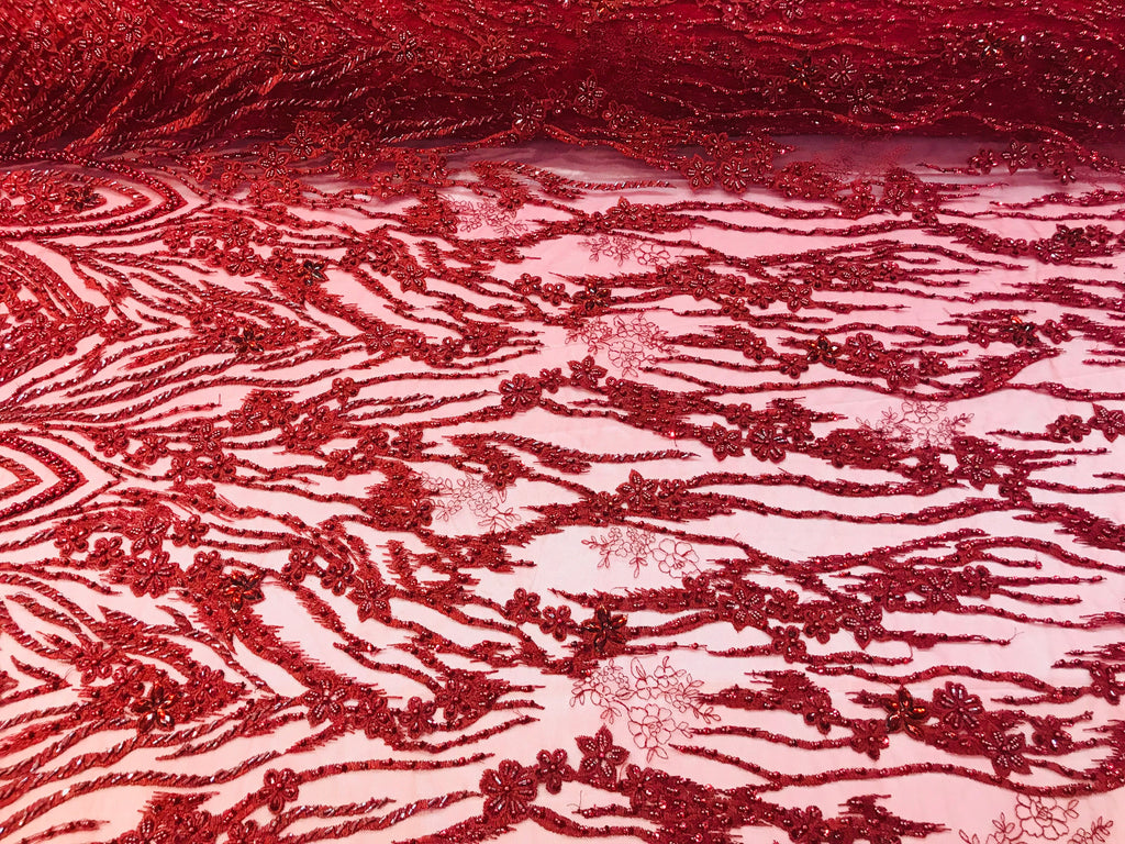 Beaded Fabric - Burgundy - Embroidered Flower Line Mesh Lace Fabric with Beads Sold By The Yard