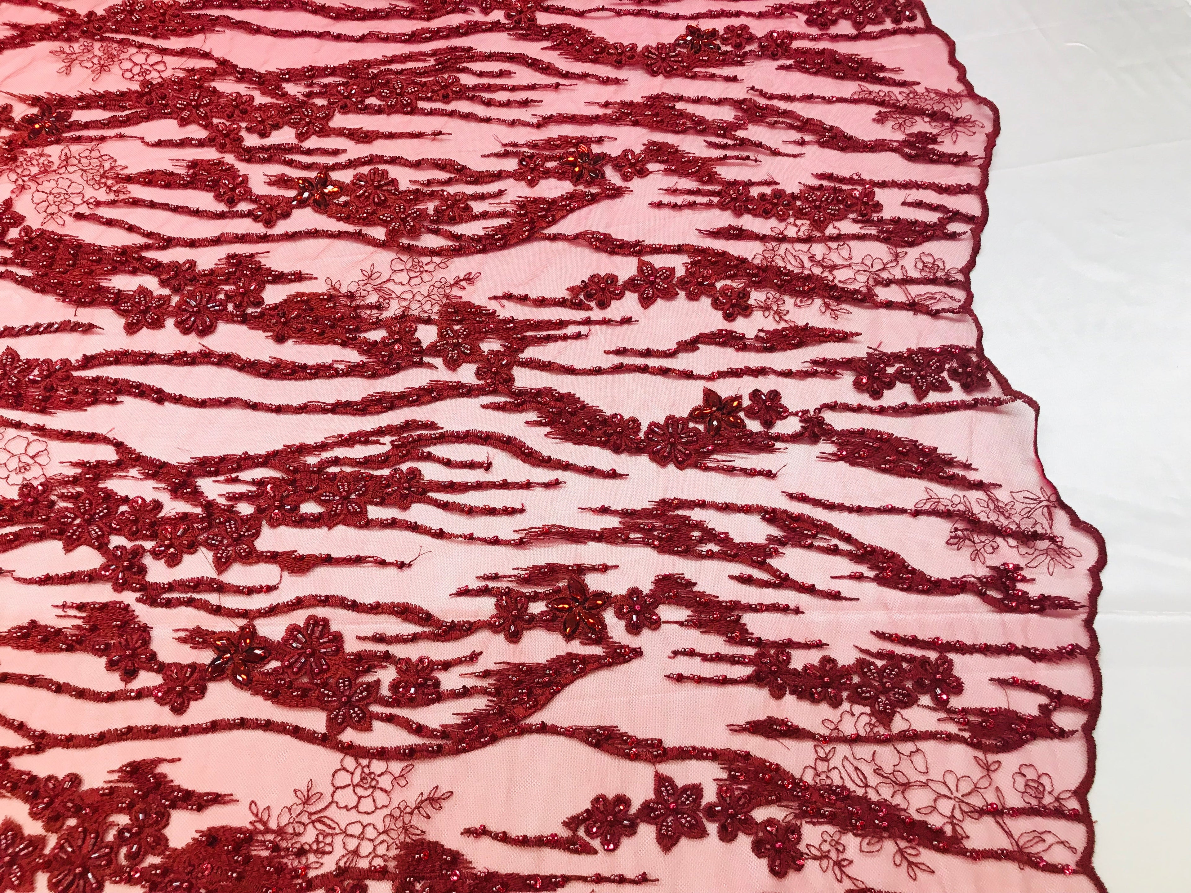 Beaded Fabric - Burgundy - Embroidered Flower Line Mesh Lace Fabric with Beads Sold By The Yard