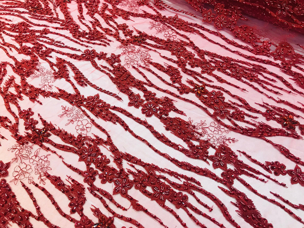Beaded Fabric - Burgundy - Embroidered Flower Line Mesh Lace Fabric with Beads Sold By The Yard