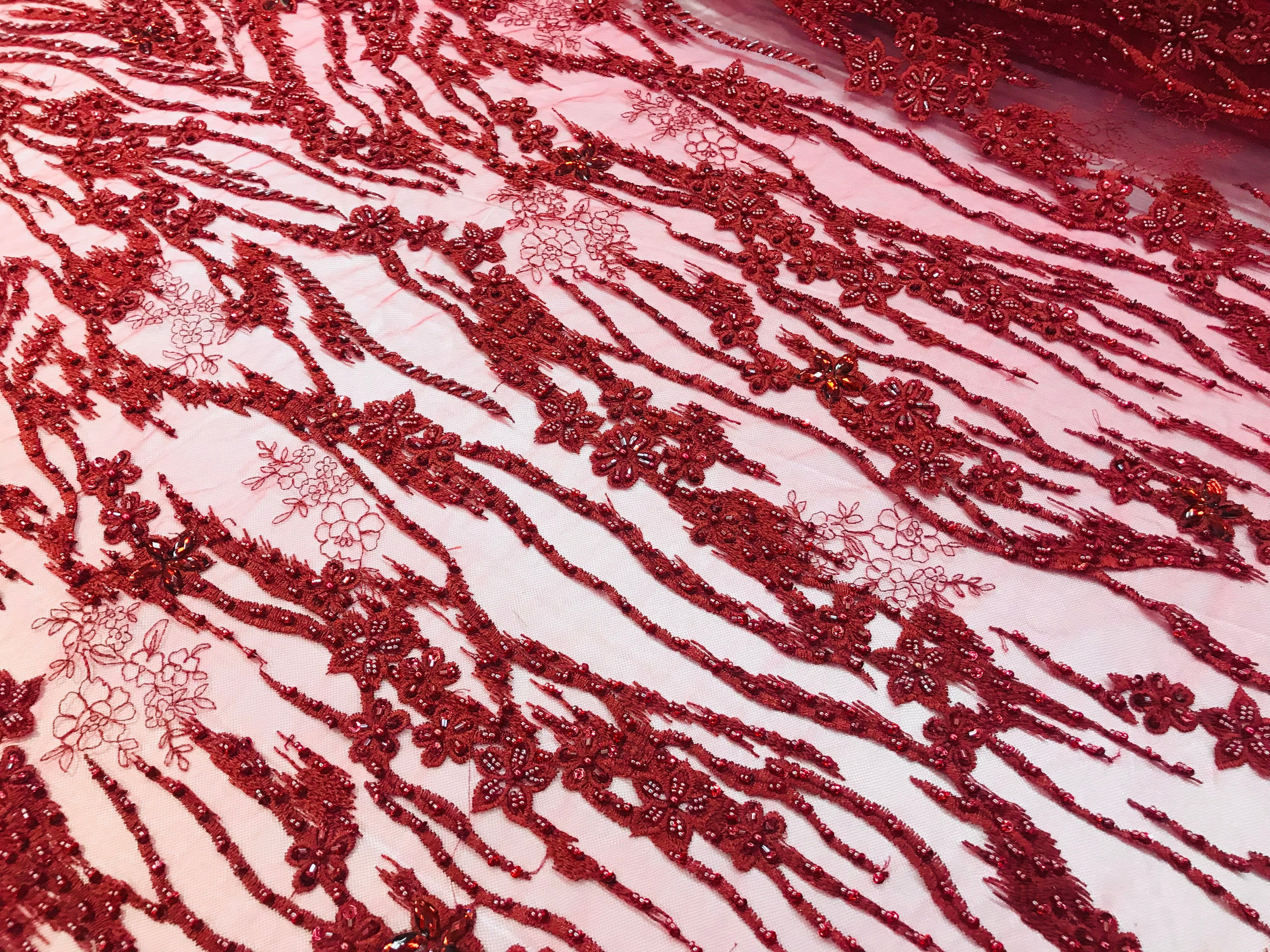Beaded Fabric - Burgundy - Embroidered Flower Line Mesh Lace Fabric with Beads Sold By The Yard