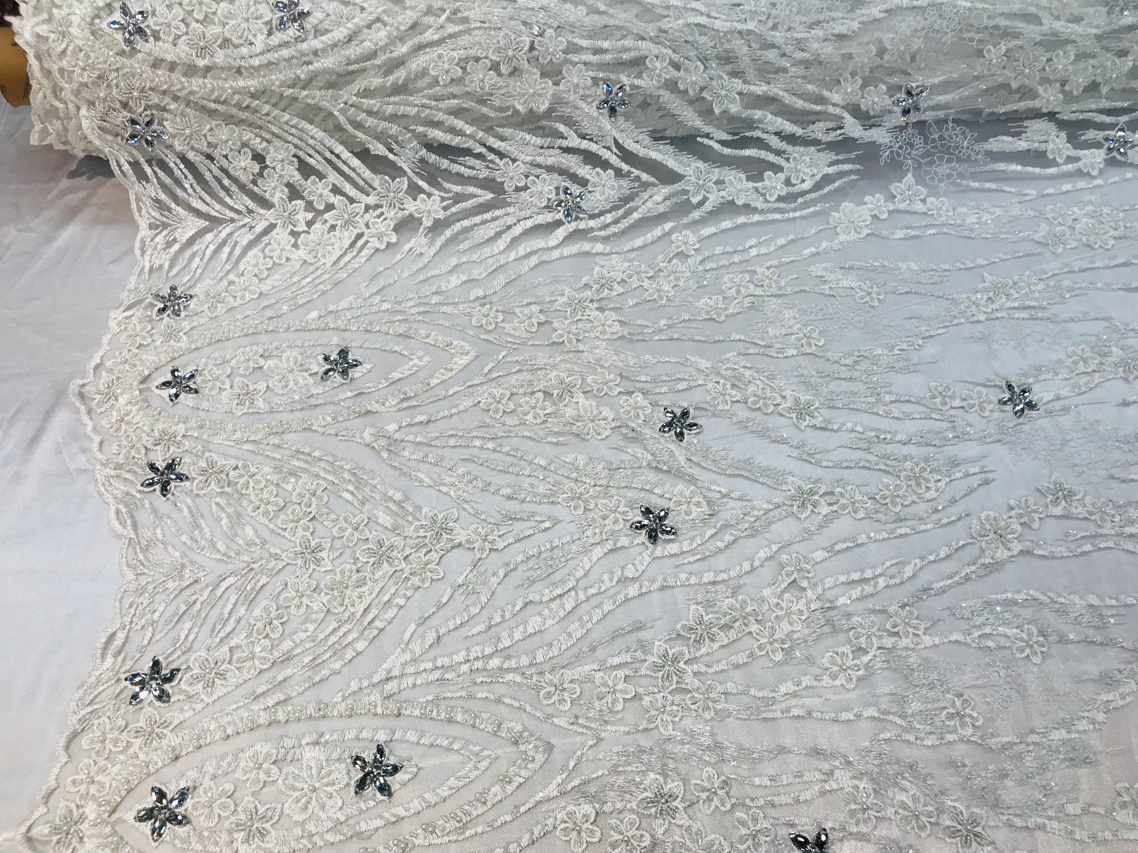 Beaded Fabric - White - Embroidered Flower Line Mesh Lace Fabric with Beads Sold By The Yard