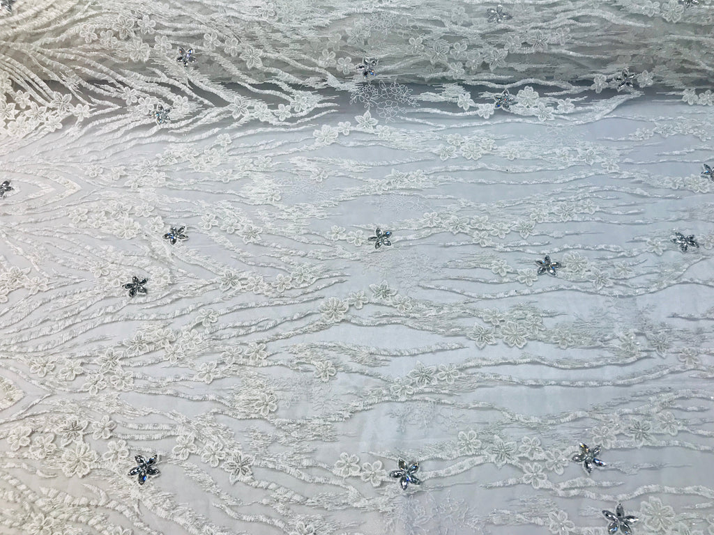 Beaded Fabric - White - Embroidered Flower Line Mesh Lace Fabric with Beads Sold By The Yard