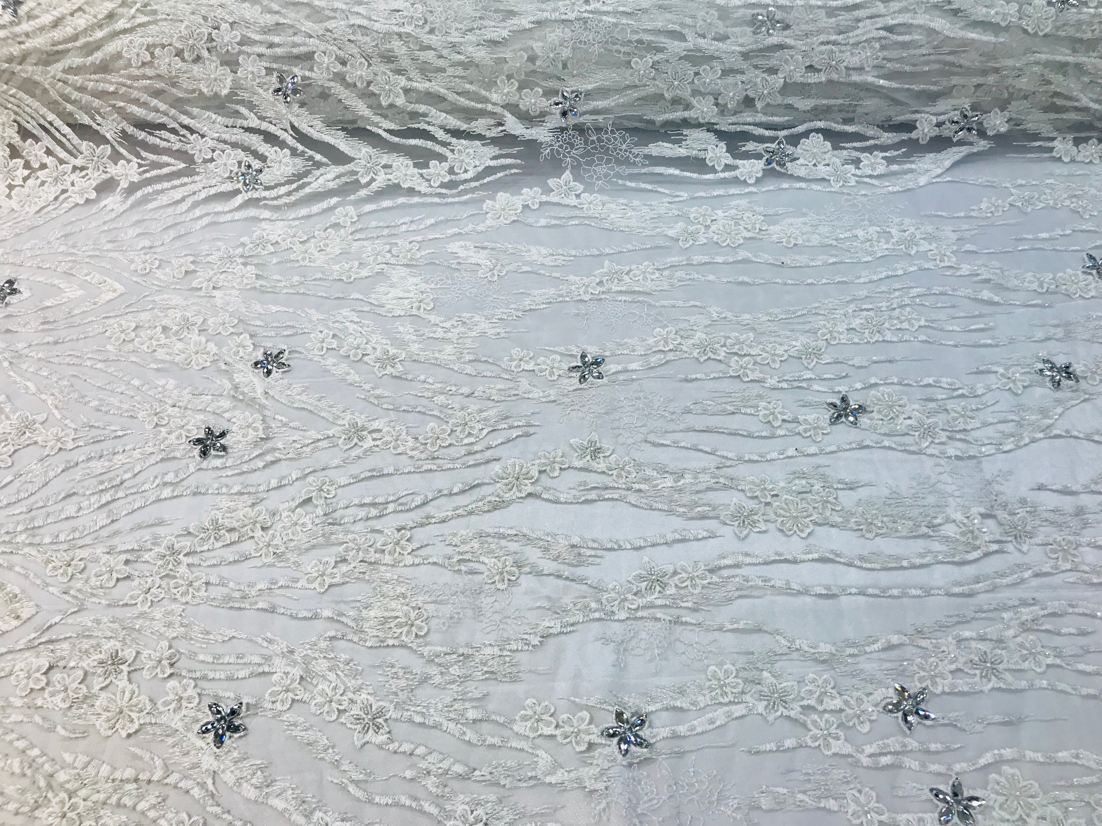 Beaded Fabric - White - Embroidered Flower Line Mesh Lace Fabric with Beads Sold By The Yard