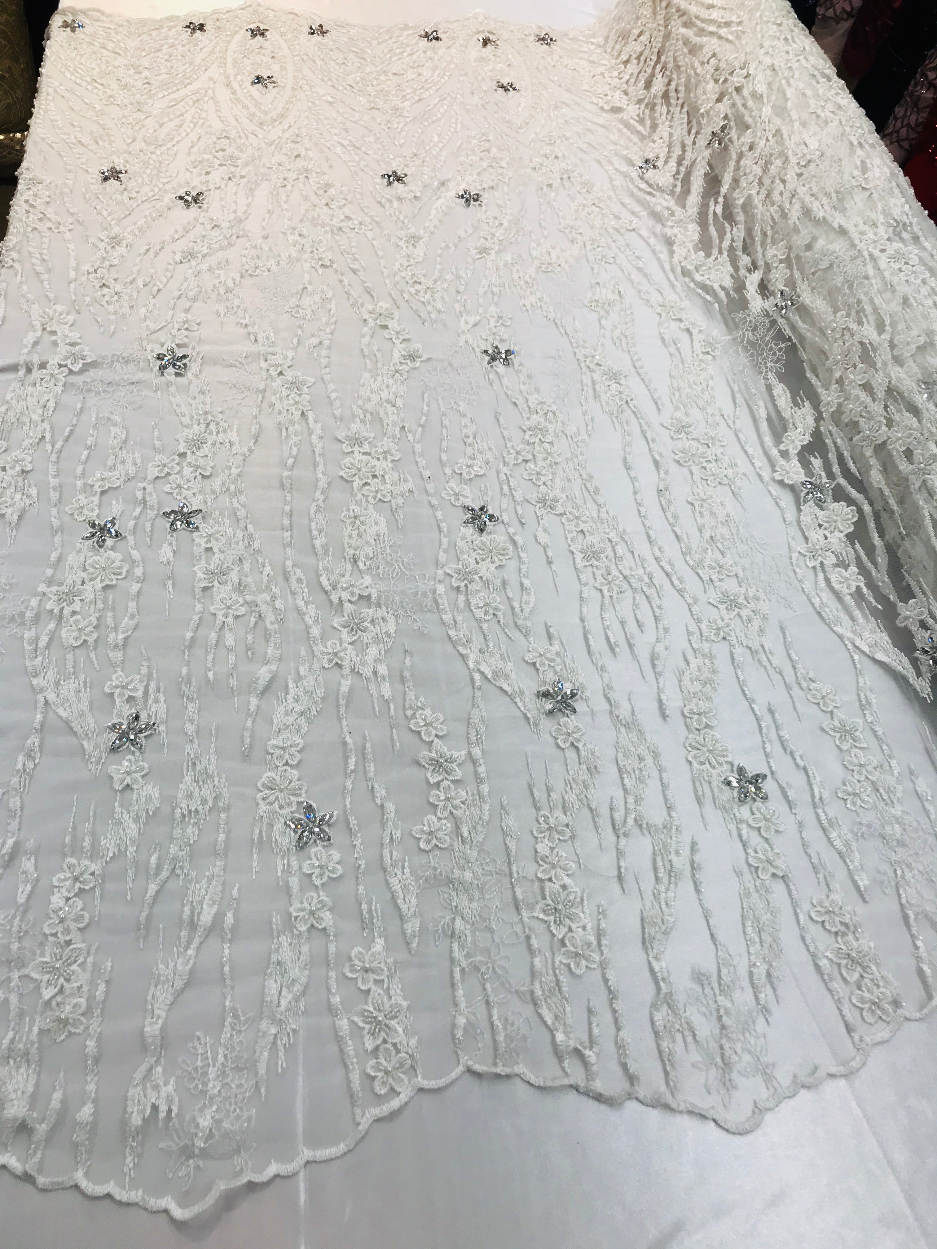 Beaded Fabric - White - Embroidered Flower Line Mesh Lace Fabric with Beads Sold By The Yard