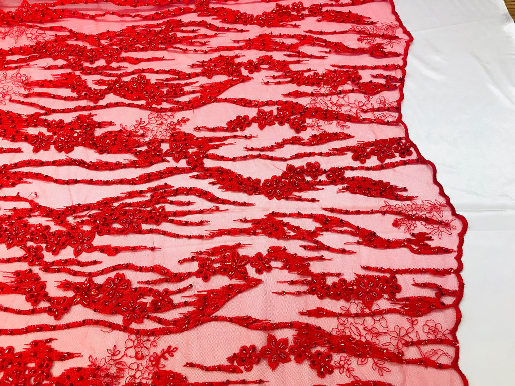 Beaded Fabric - Red - Embroidered Flower Line Mesh Lace Fabric with Beads Sold By The Yard