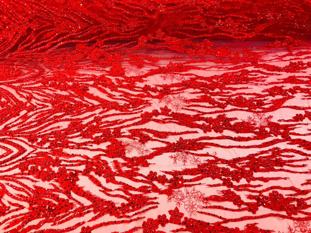 Beaded Fabric - Red - Embroidered Flower Line Mesh Lace Fabric with Beads Sold By The Yard