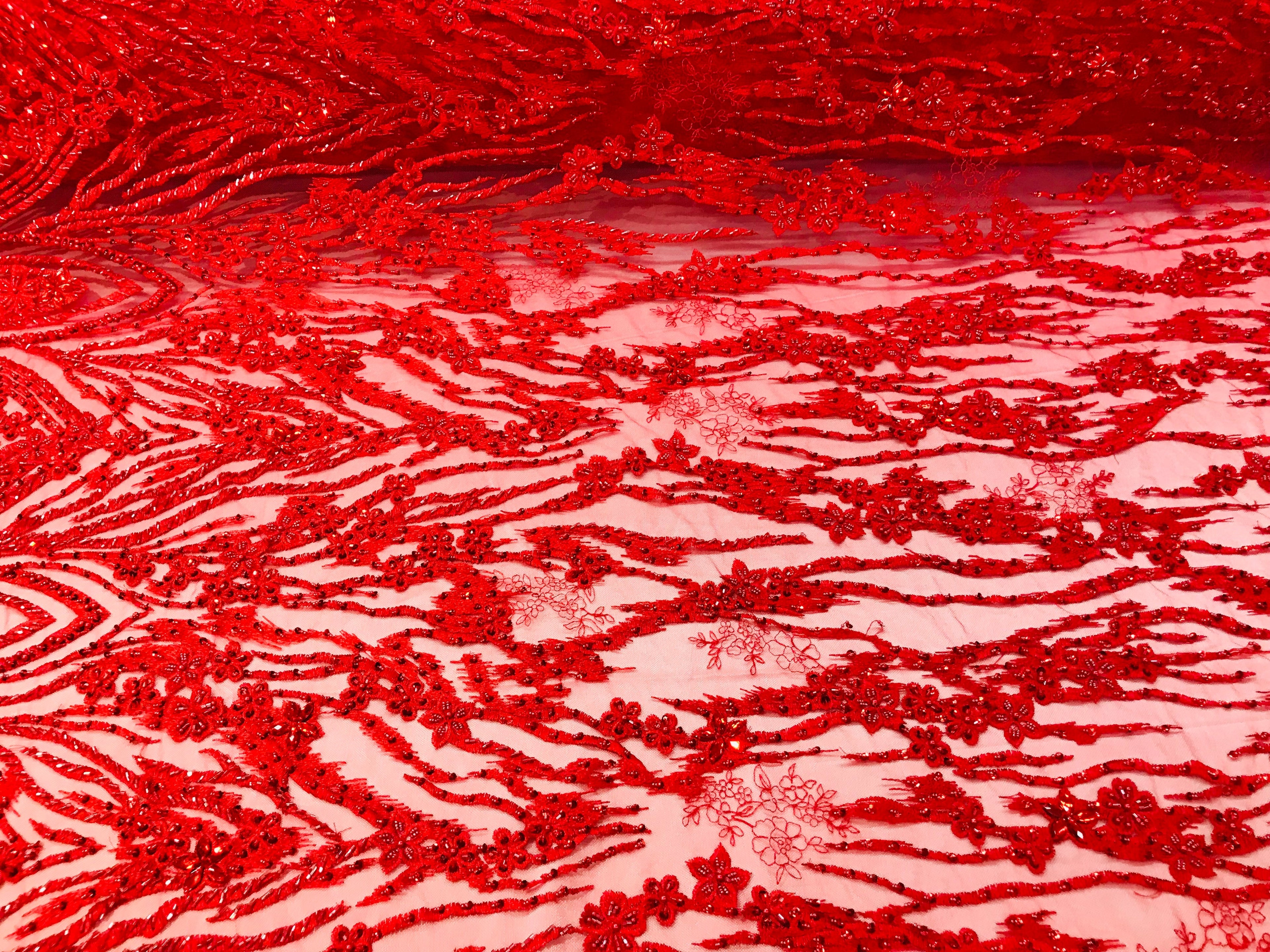 Beaded Fabric - Red - Embroidered Flower Line Mesh Lace Fabric with Beads Sold By The Yard