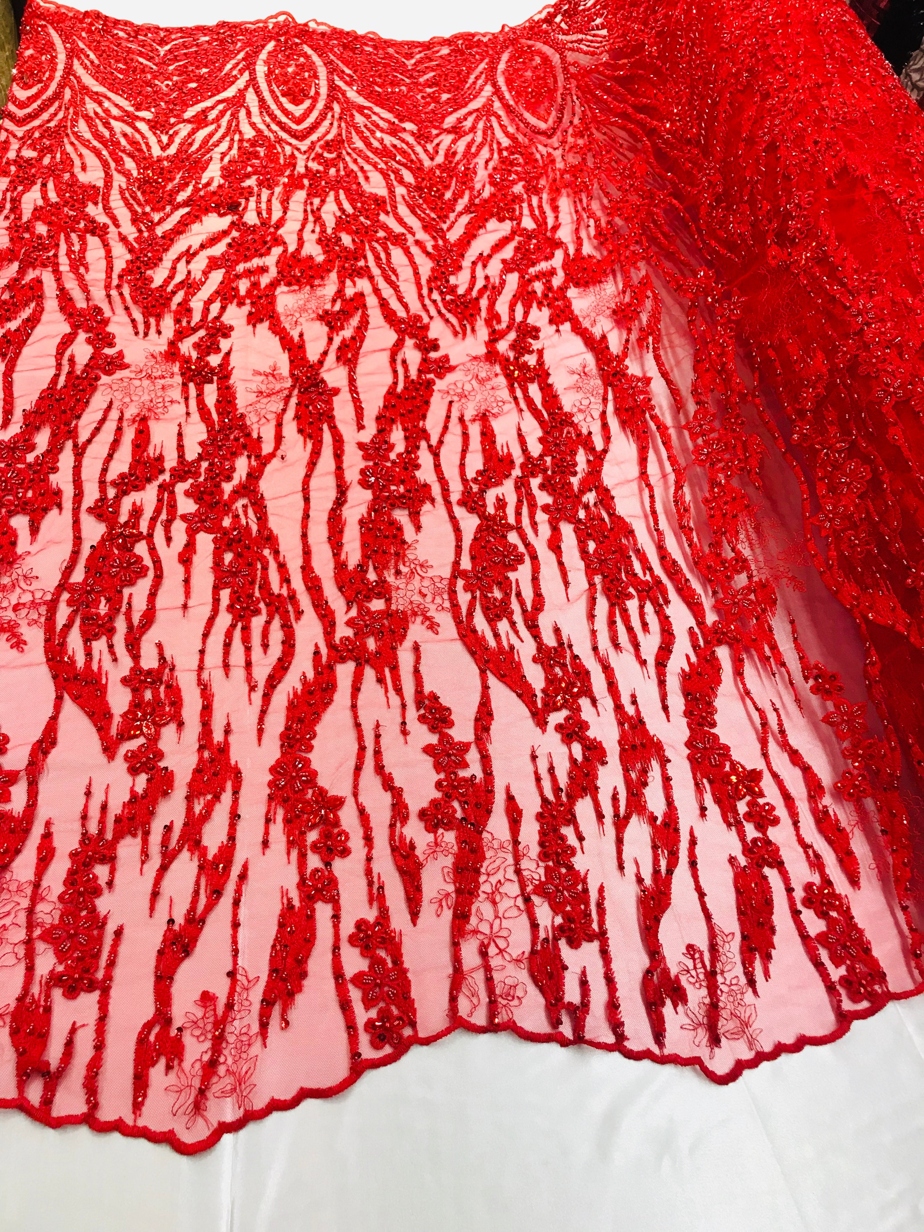 Beaded Fabric - Red - Embroidered Flower Line Mesh Lace Fabric with Beads Sold By The Yard