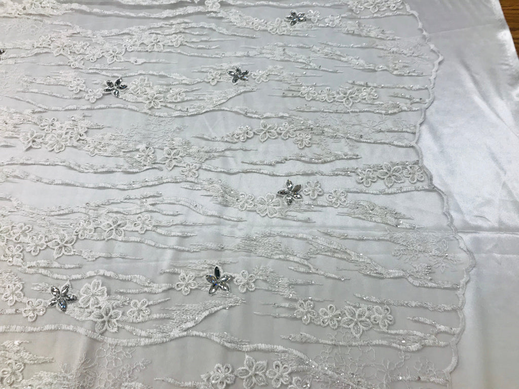 Beaded Fabric - Ivory - Embroidered Flower Line Mesh Lace Fabric with Beads Sold By The Yard