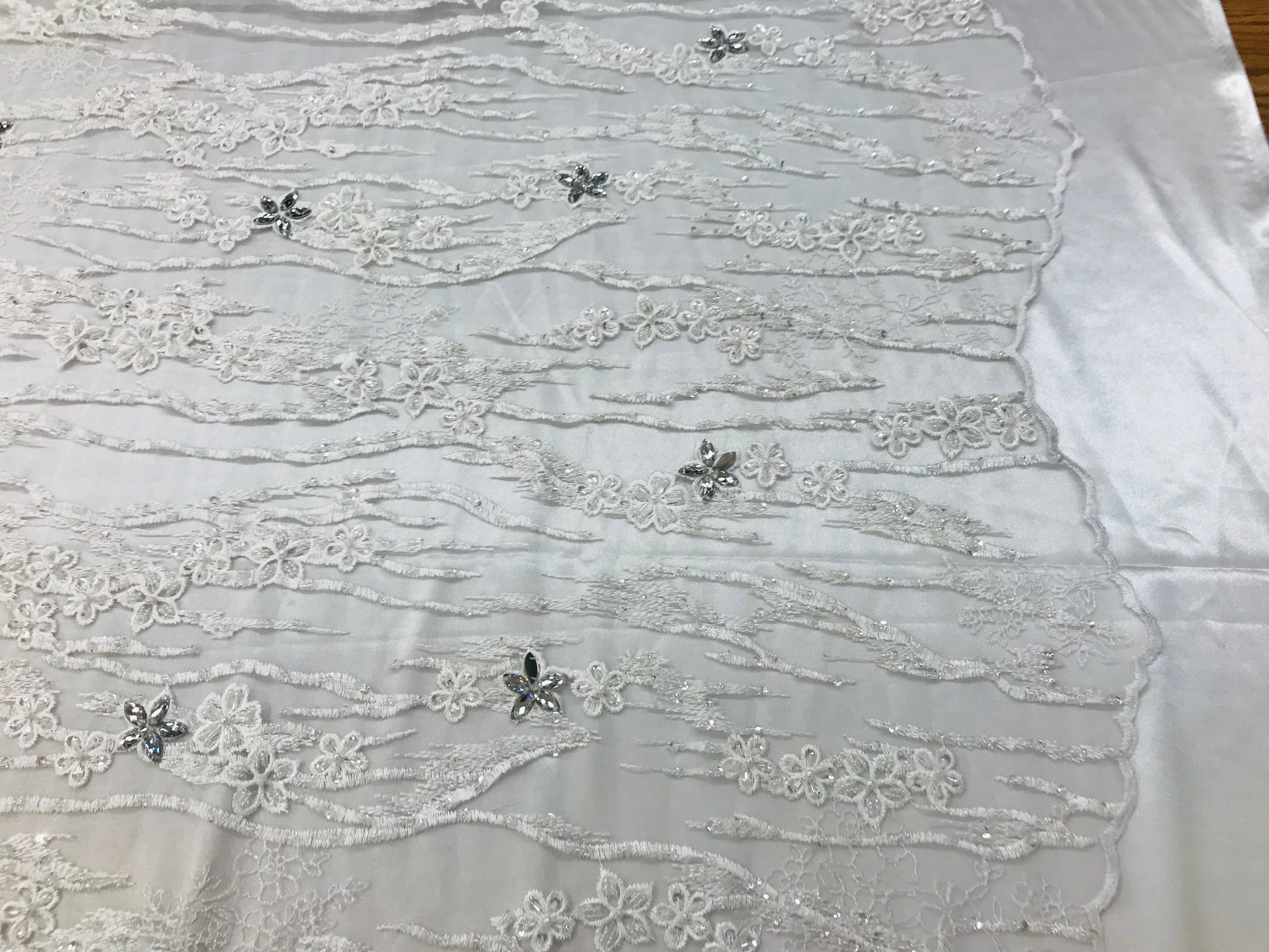 Beaded Fabric - Ivory - Embroidered Flower Line Mesh Lace Fabric with Beads Sold By The Yard