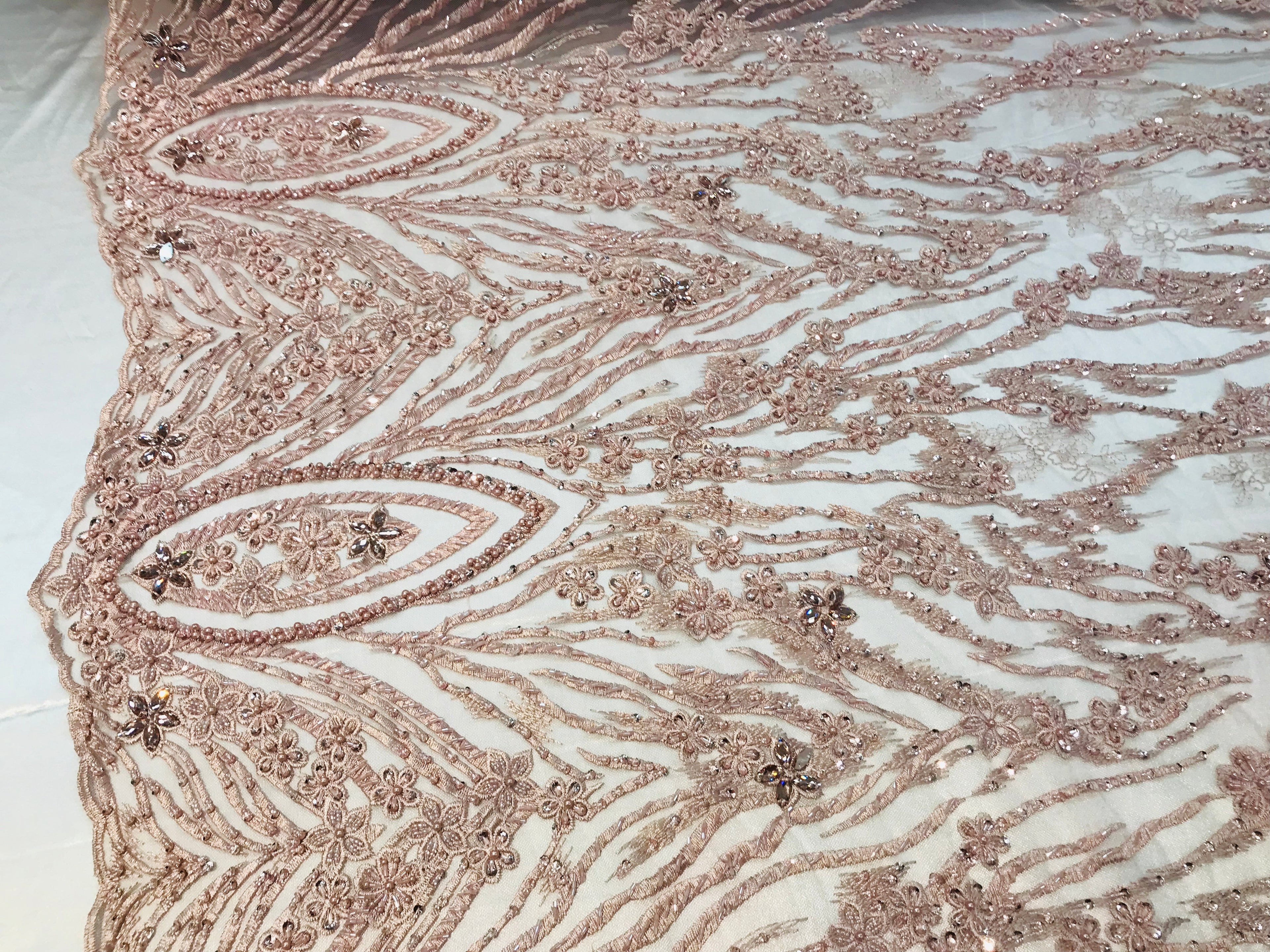 Beaded Fabric - Blush - Embroidered Flower Line Mesh Lace Fabric with Beads Sold By The Yard