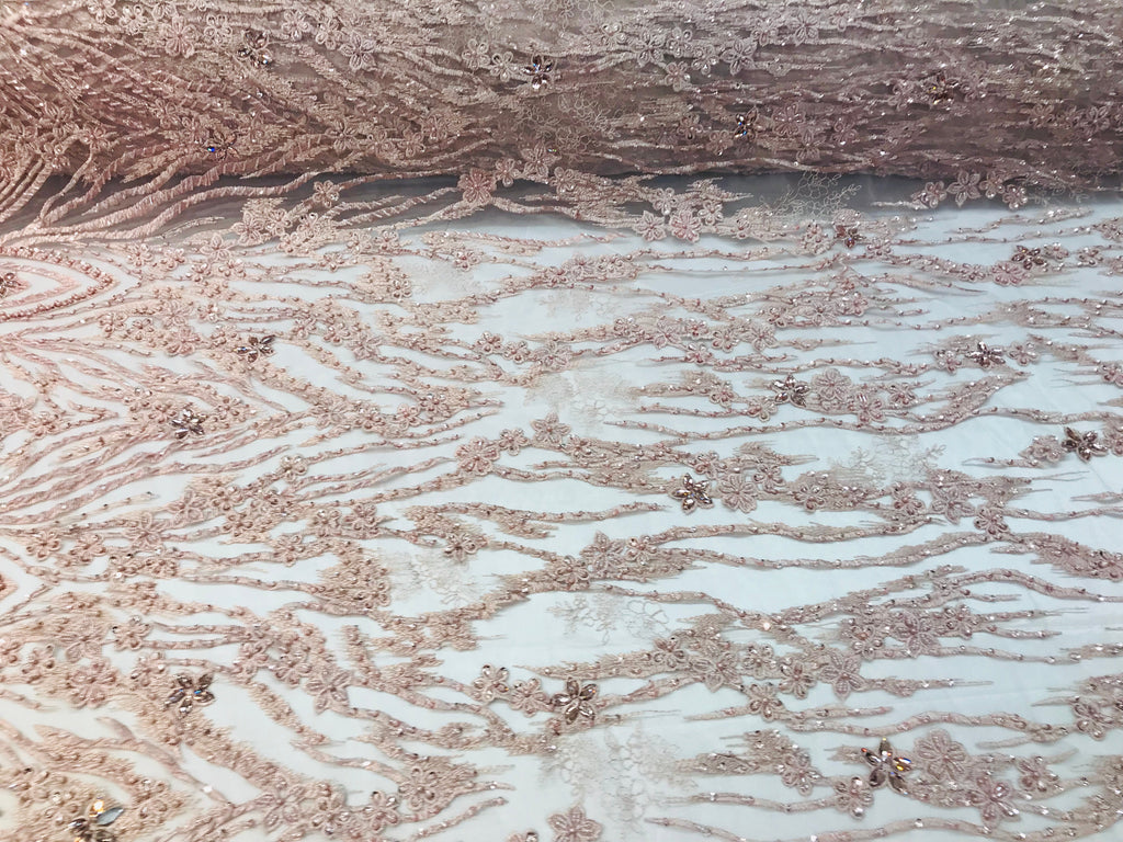 Beaded Fabric - Blush - Embroidered Flower Line Mesh Lace Fabric with Beads Sold By The Yard