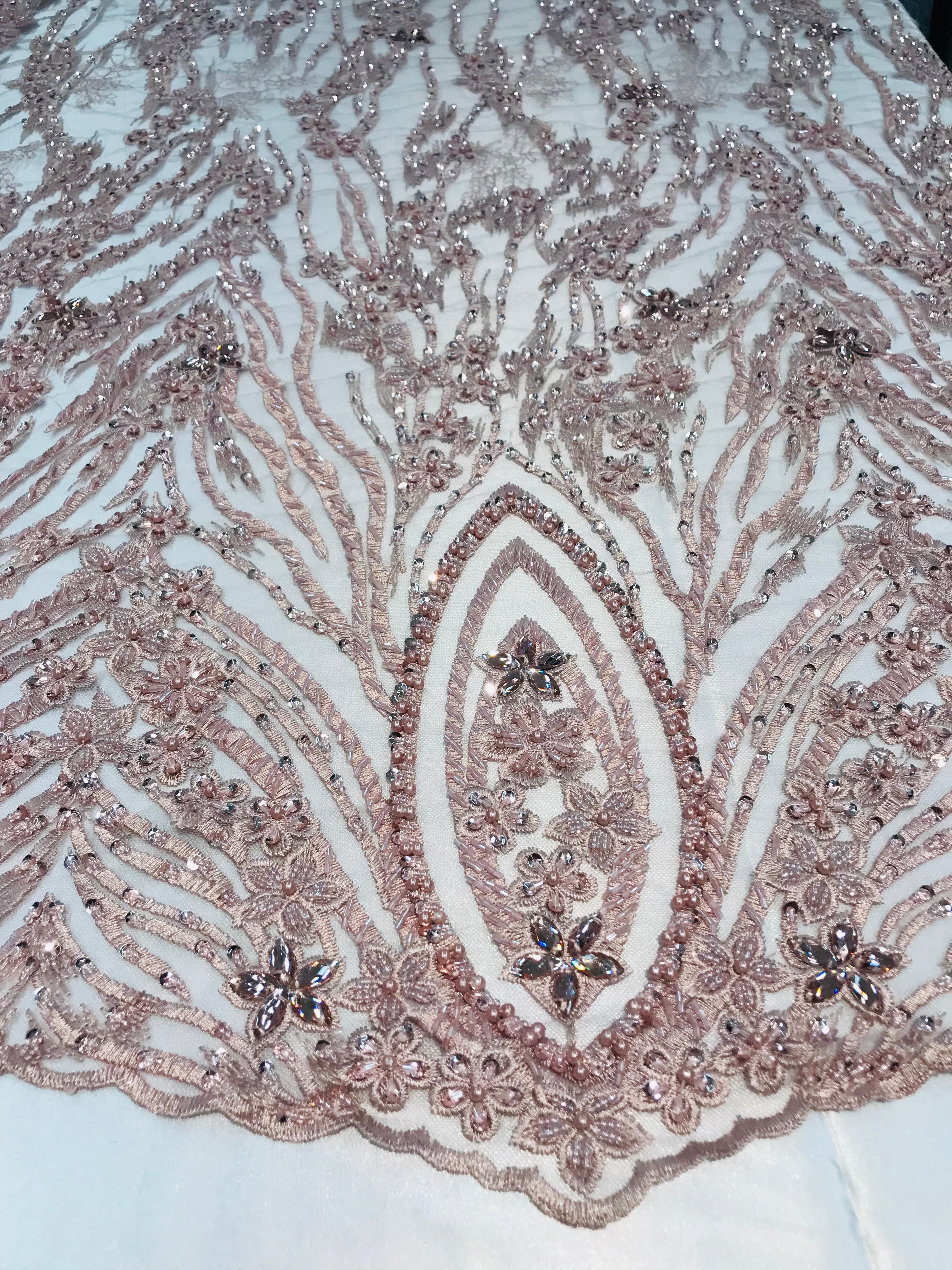 Beaded Fabric - Blush - Embroidered Flower Line Mesh Lace Fabric with Beads Sold By The Yard