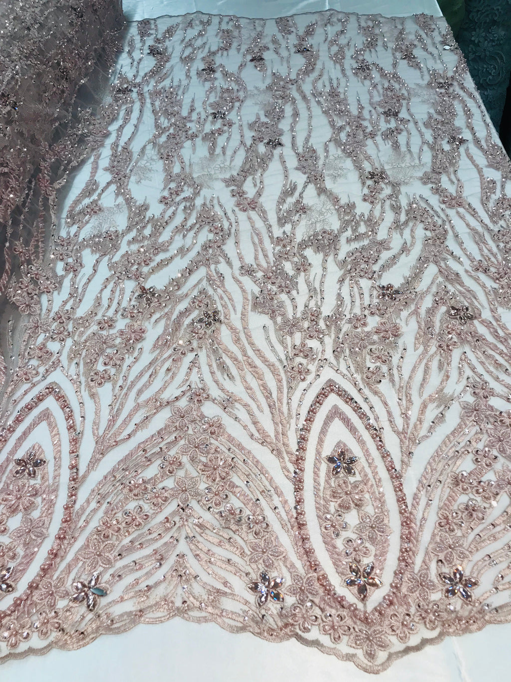 Beaded Fabric - Blush - Embroidered Flower Line Mesh Lace Fabric with Beads Sold By The Yard