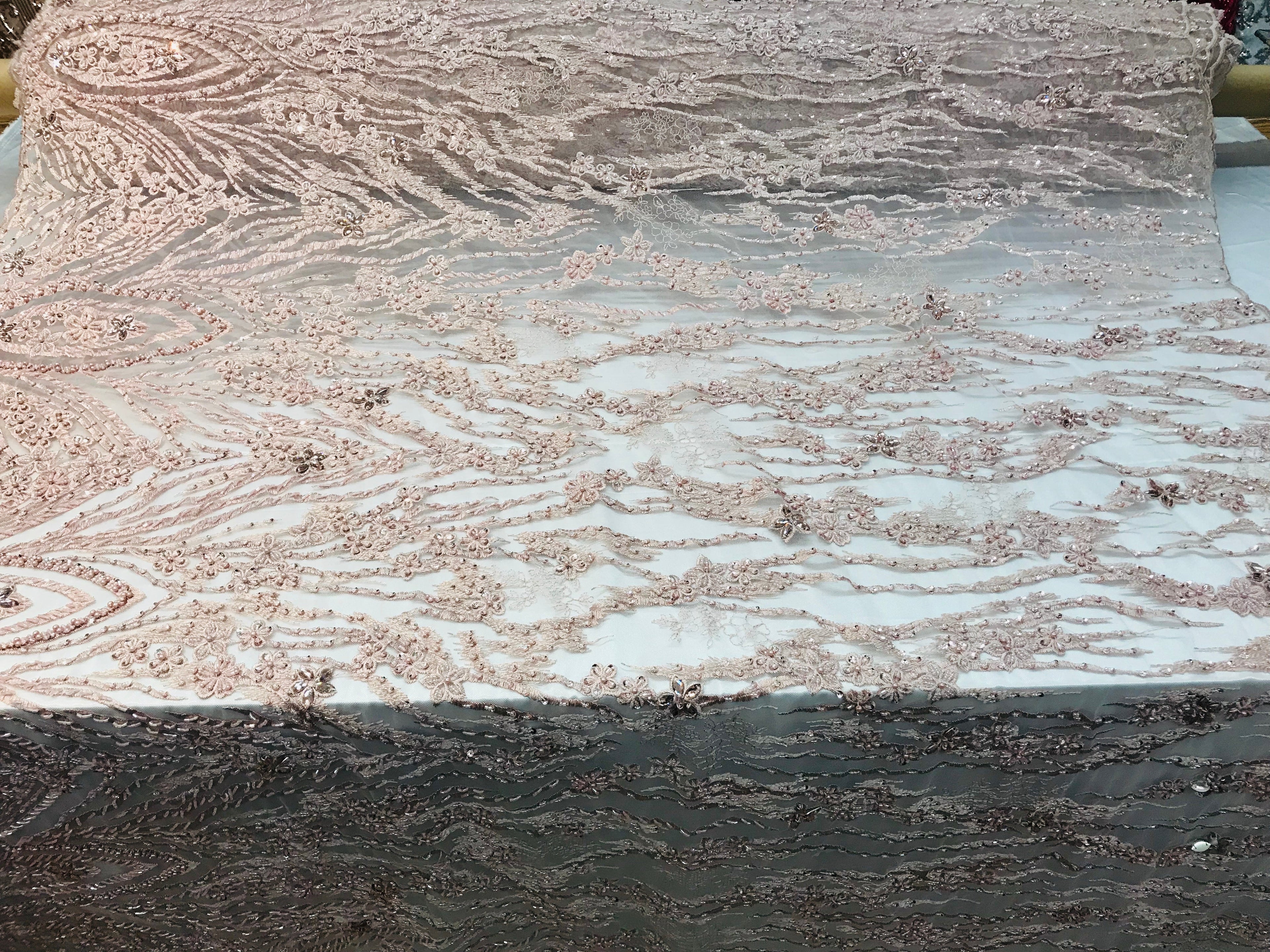 Beaded Fabric - Blush - Embroidered Flower Line Mesh Lace Fabric with Beads Sold By The Yard