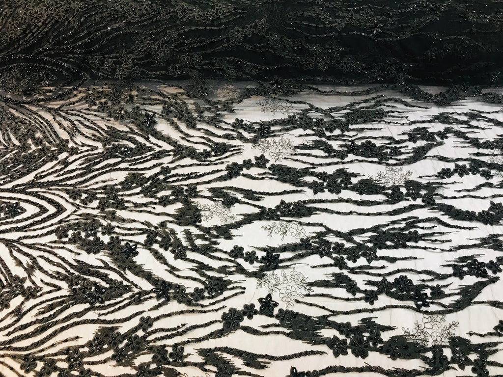 Beaded Fabric - Black - Embroidered Flower Line Mesh Lace Fabric with Beads Sold By The Yard