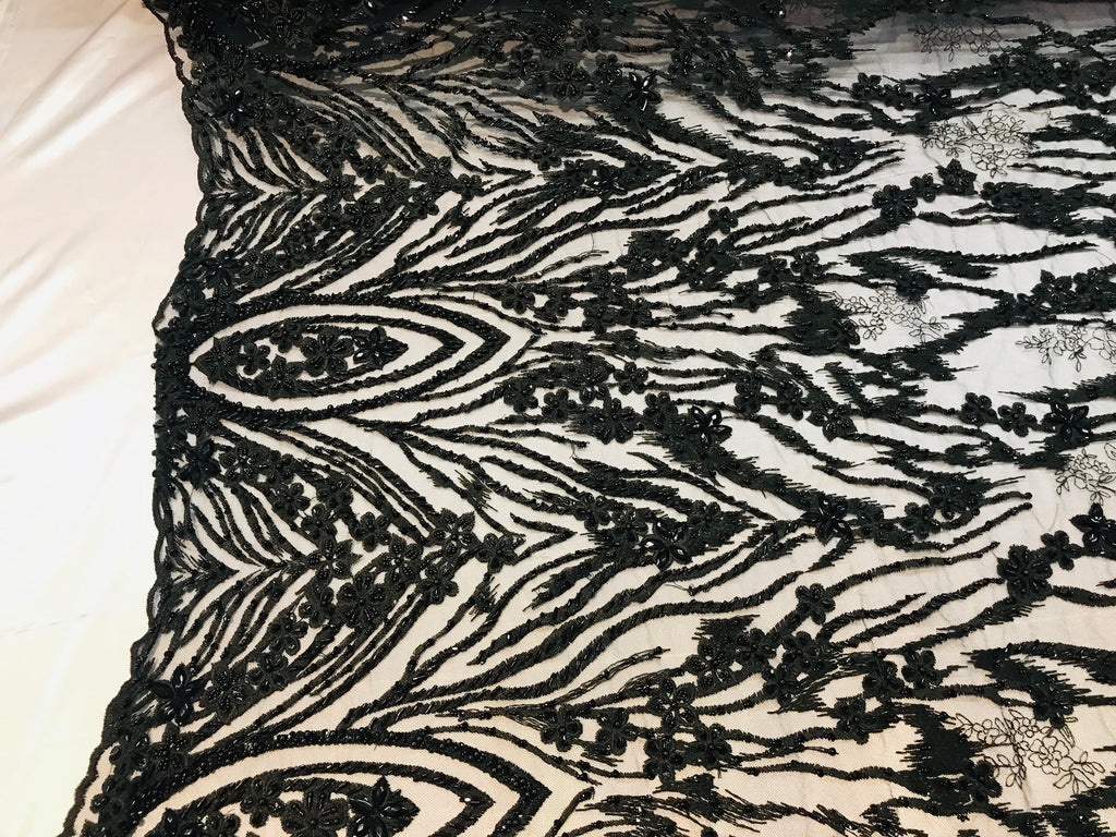 Beaded Fabric - Black - Embroidered Flower Line Mesh Lace Fabric with Beads Sold By The Yard