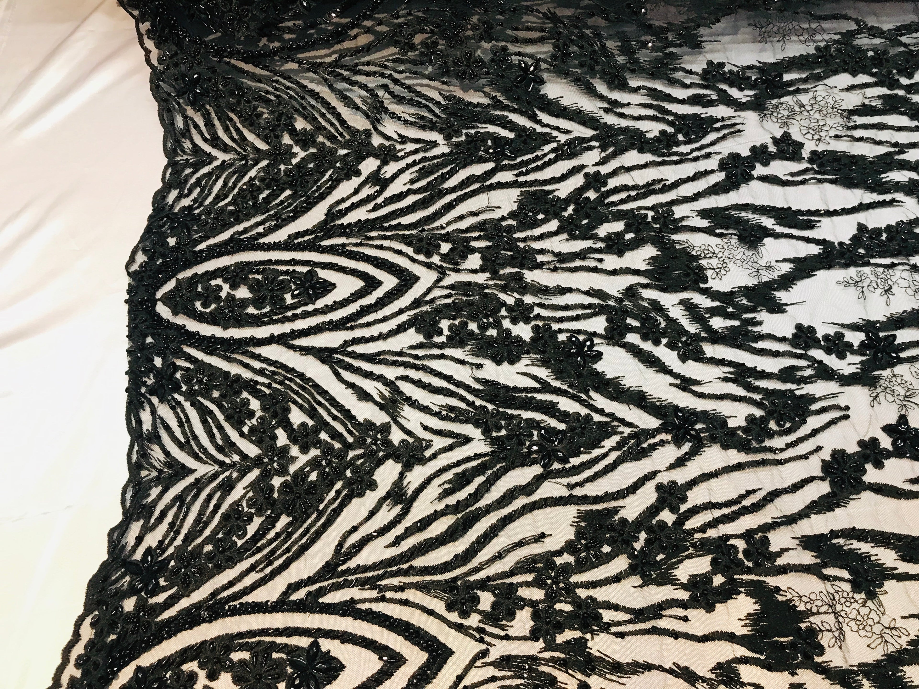Beaded Fabric - Black - Embroidered Flower Line Mesh Lace Fabric with Beads Sold By The Yard