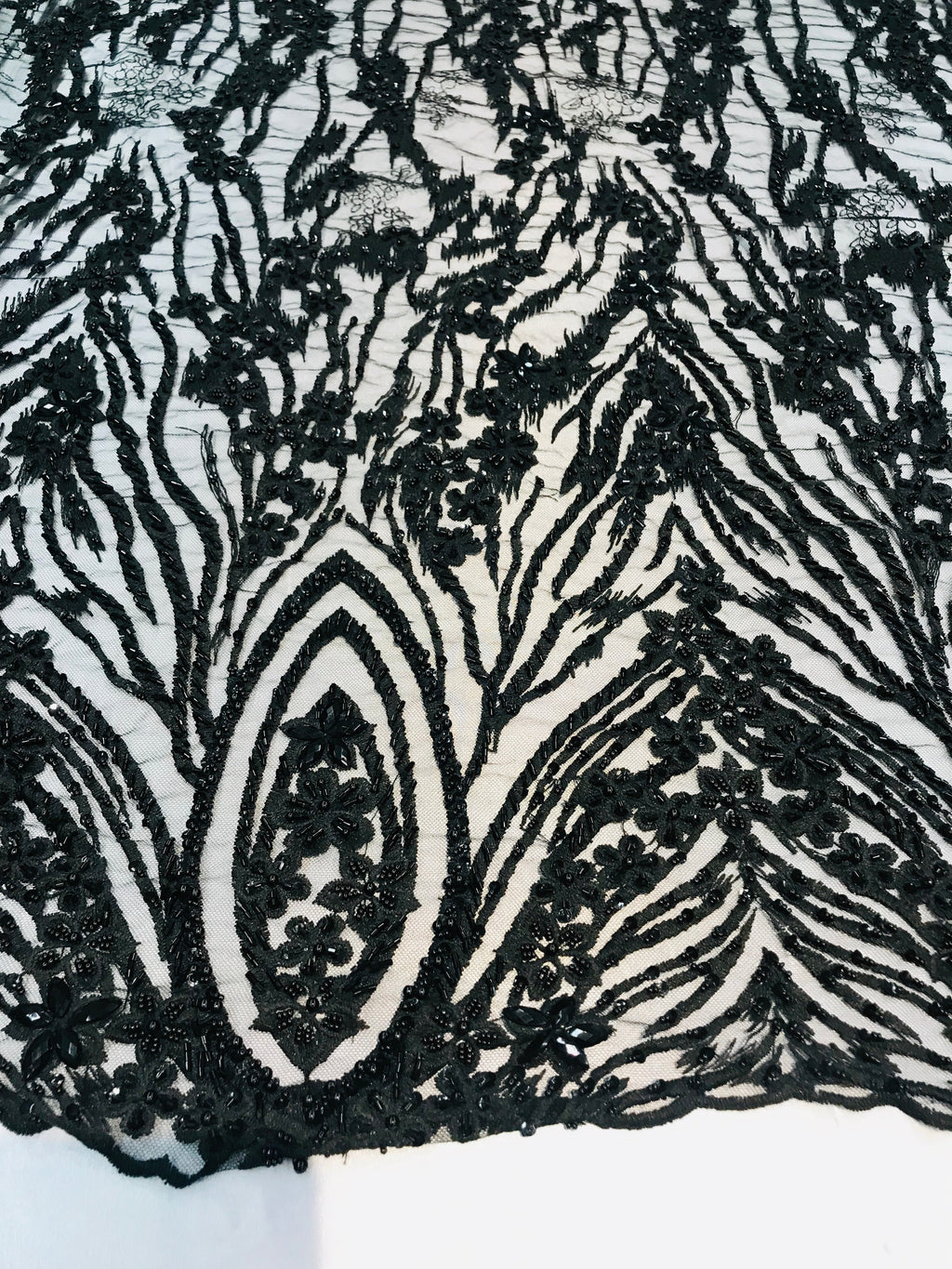 Beaded Fabric - Black - Embroidered Flower Line Mesh Lace Fabric with Beads Sold By The Yard