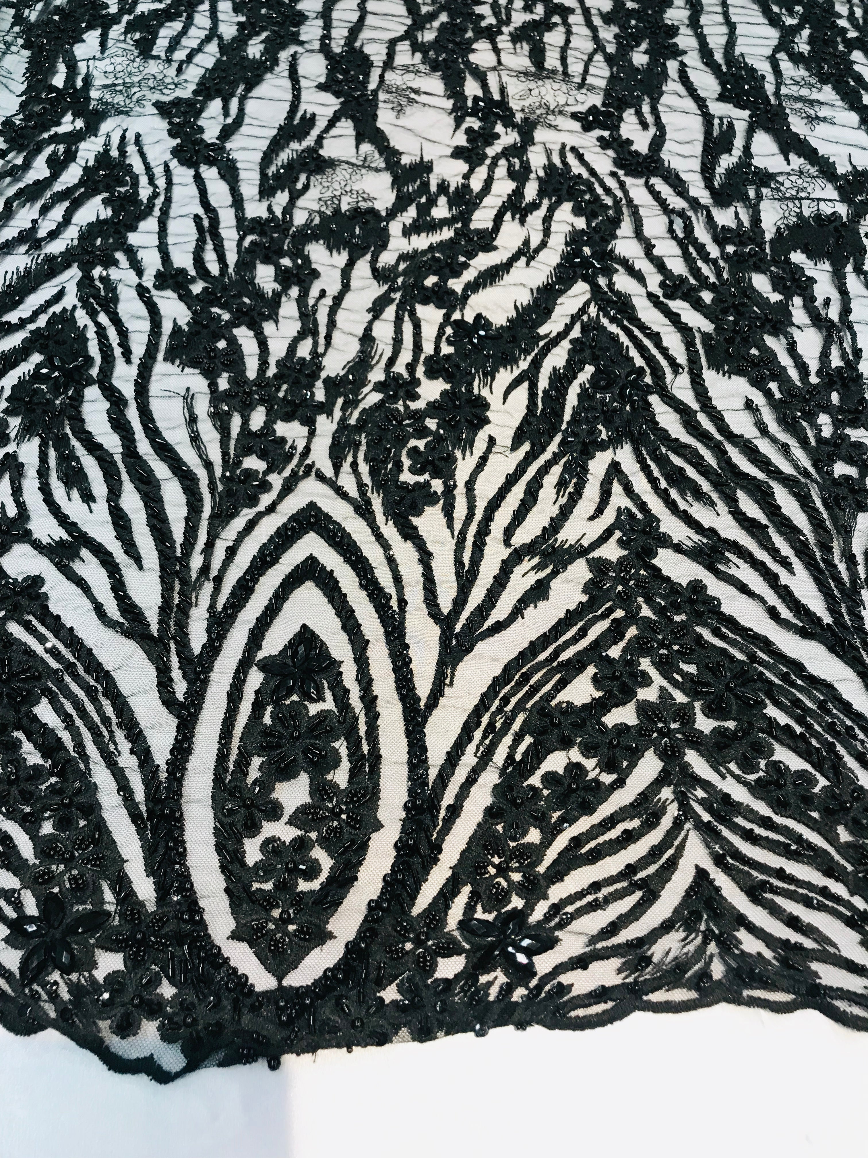 Beaded Fabric - Black - Embroidered Flower Line Mesh Lace Fabric with Beads Sold By The Yard