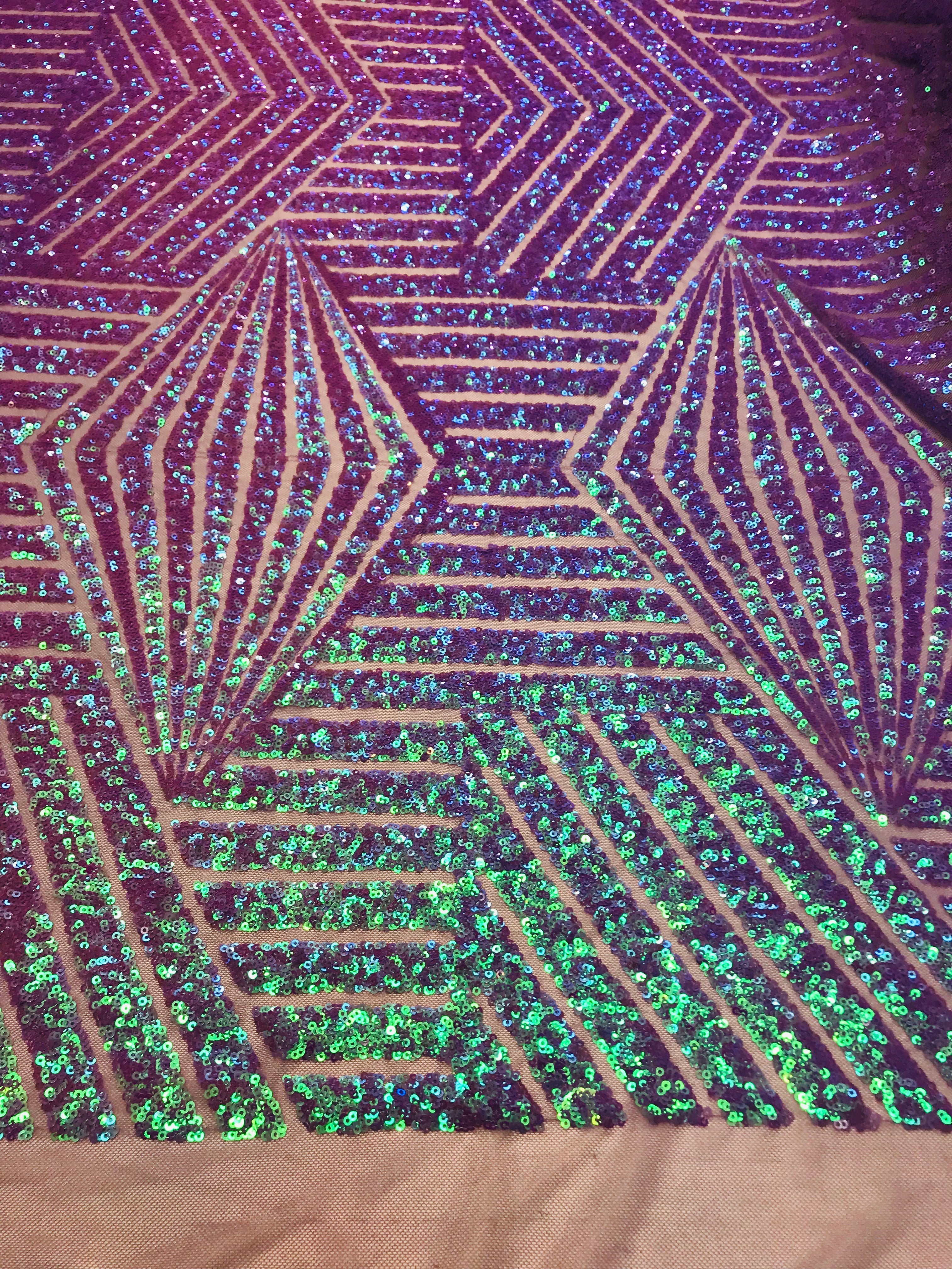 2 Way Stretch - Lilac - Geometric Design Sequins On Mesh Elegant Fabrics Sold By Yard